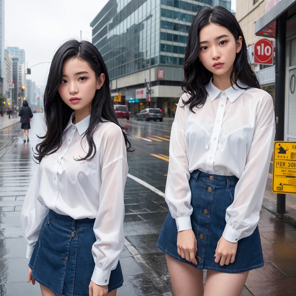 woman、(((one person)))、cute、16 years old、Black Hair、Short Curls、Wet Hair、Touching your hair、rain、D cup bust、Light blue dresini skirt、Wet clothes、Transparent skin、Cloudy、rain雲、Street Corner、Building district、skyscraper、cowboy shot、highest quality、Super detailed、Very detailed、Detailed Background