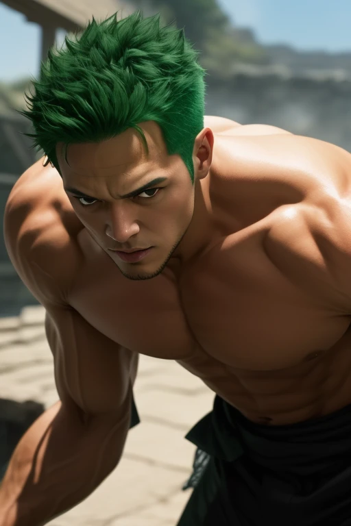 best quality,masterpiece,Ultra high detail,A handsome muscular man,Short green haired Rononoa Zoro in action