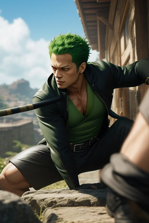 best quality,masterpiece,Ultra high detail,A handsome muscular man,Short green haired Rononoa Zoro in action 