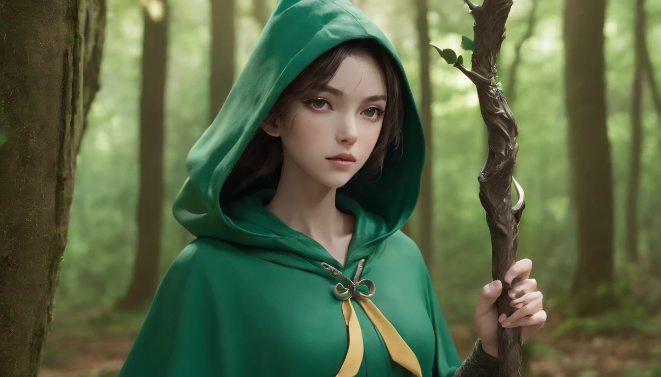 Ryu, Elbow hand pockets, Green Cape, Hooded cloak, Forest Background, Bokeh, Medium Shot, Very detailed, beautiful, masterpiece, Perfect Anatomy, [[Award-winning photography, Macro Photography Vivid Colors]], Atmospheric, Majestic, High resolution, That&#39;s excellent, Very detailed, complicated, Realistic lighting, 4K, (alone:1.2), (cute:1.1), (Anime screenshots), 　in the forest, morning, Carrying a walking stick, elf with pointed ears