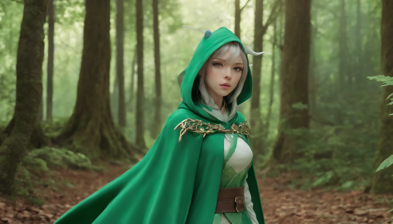 Ryu, Elbow hand pockets, Green Cape, Hooded cloak, Forest Background, Bokeh, Medium Shot, Very detailed, beautiful, masterpiece, Perfect Anatomy, [[Award-winning photography, Macro Photography Vivid Colors]], Atmospheric, Majestic, High resolution, That&#39;s excellent, Very detailed, complicated, Realistic lighting, 4K, (alone:1.2), (cute:1.1), (Anime screenshots), 　in the forest, morning, Carrying a walking stick, elf with pointed ears