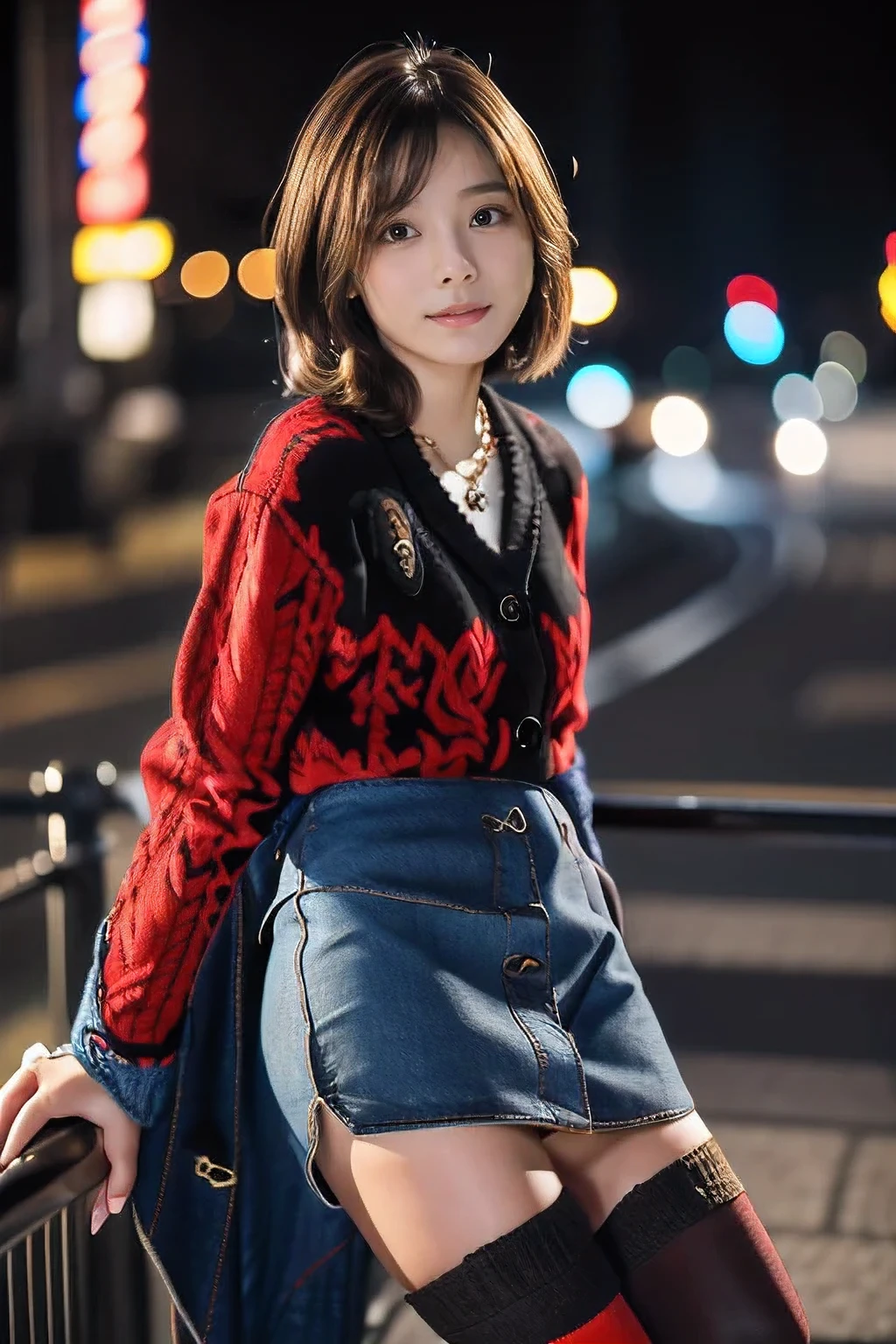 (Climbing the hills of the city、18-year-old female:1.5)、(A little tired face:1.2)、(The best quality at its best:1.4), (Super detailed), (Very detailed CG unified 16k), Beautiful woman with perfect figure: 1.4, Sharp focus: 1.2, Very detailed, High-quality RAW color photos, Professional photography, Great face and eyes, cosmetics, (Amazingly beautiful girl), ((Black coat、Red Sweater、Denim mini skirt、Black Stockings、Black boots:1.5)), Sexy posture,(View from below), Realistic movie faces, Full body long view from head to toe, Realistic, ((Realistic natural orange red hairstyle, Realistic blue eyes)), ( Short Bob Hair:1.5), (necklace:1.5)、, Very beautiful face, Perfect model beauty, Mouth swelling, Highly detailed face and skin texture, Fine grain, double eyelid, Medium chest, smile, (masterpiece), highest quality, High resolution, Very detailed, Blurred Background, Depth of written boundary, Cinema Lighting, Great legs, , Clear, well-maintained skin,