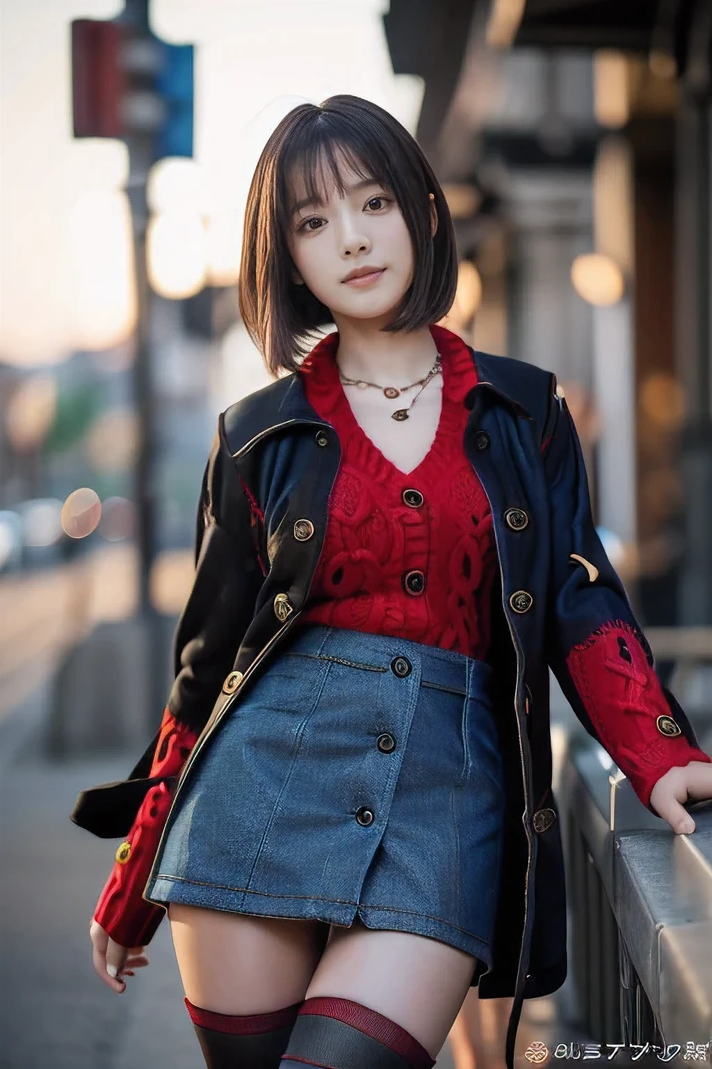 (Climbing the hills of the city、18-year-old female:1.5)、(A little tired face:1.2)、(The best quality at its best:1.4), (Super detailed), (Very detailed CG unified 16k), Beautiful woman with perfect figure: 1.4, Sharp focus: 1.2, Very detailed, High-quality RAW color photos, Professional photography, Great face and eyes, cosmetics, (Amazingly beautiful girl), ((Black coat、Red Sweater、Denim mini skirt、Black Stockings、Black boots:1.5)), Sexy posture，(View from below), Realistic movie faces, Full body long view from head to toe, Realistic, ((Realistic natural orange red hairstyle, Realistic blue eyes)), ( Short Bob Hair:1.5), (necklace:1.5)、, Very beautiful face, Perfect model beauty, Mouth swelling, Highly detailed face and skin texture, Fine grain, double eyelid, Medium chest, smile, (masterpiece), highest quality, High resolution, Very detailed, Blurred Background, Depth of written boundary, Cinema Lighting, Great legs, , Clear, well-maintained skin,