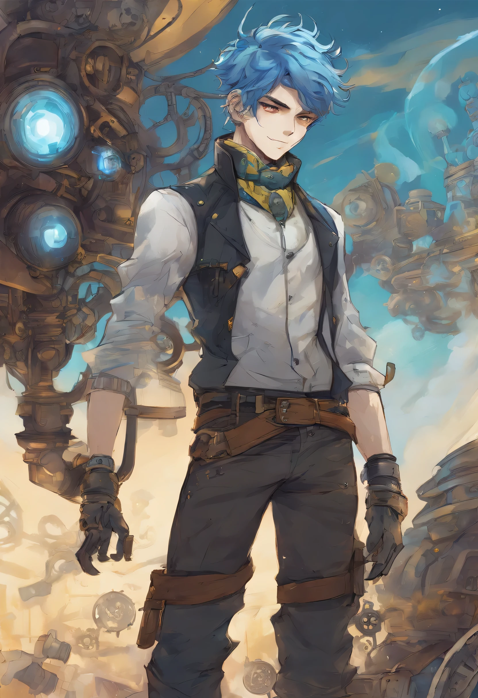 Young adult 20 year old anime male with fair skin, thin but toned body, blue hair with a few black and white streaks, blue eyes, wearing a black steampunk vest, yellow shirt, dark brown pants, and a blue scarf, with steampunk mechanical arm filled with chemicals. 