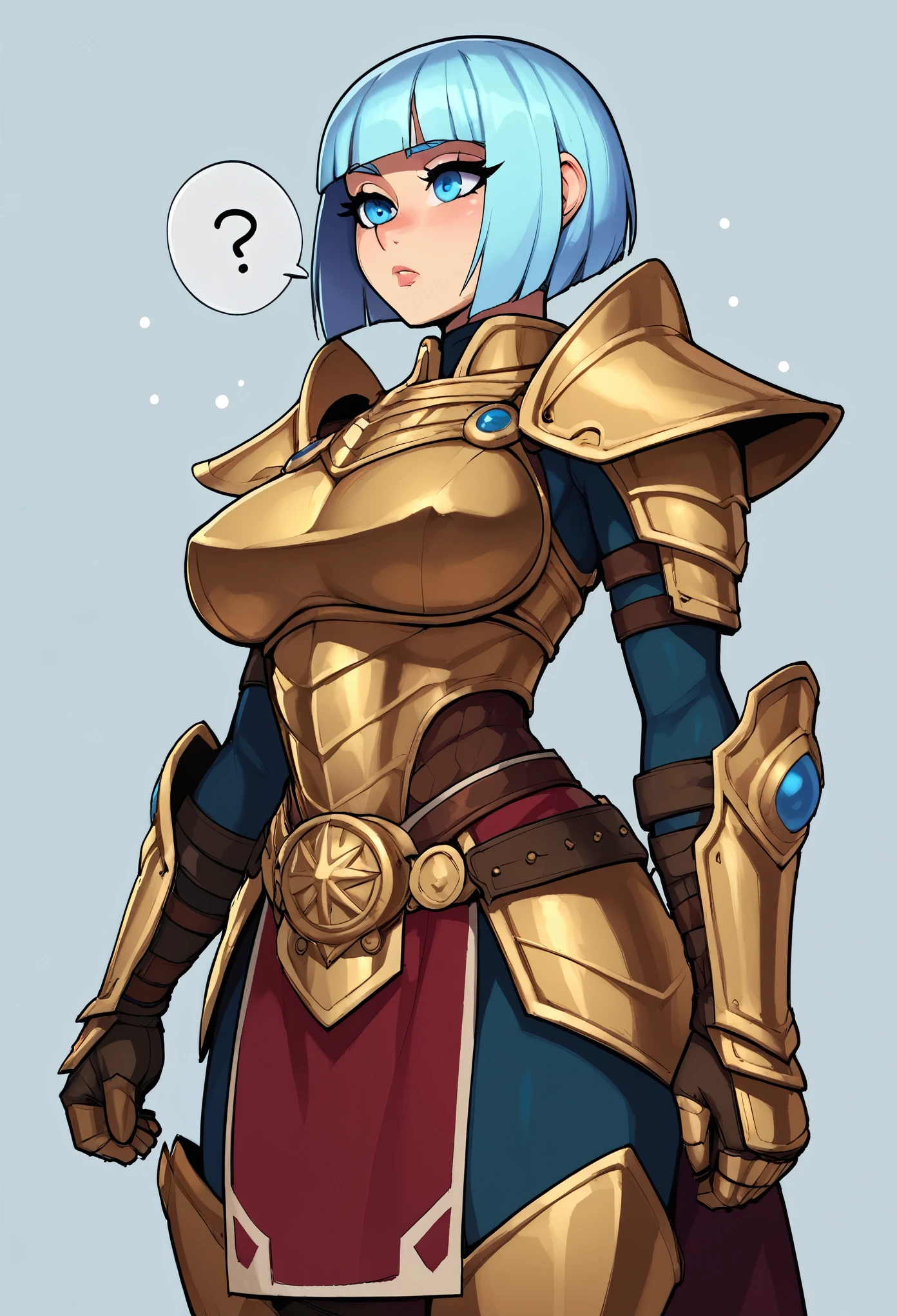 score_9, score_8_up, score_7_up, score_6_up, score_5_up, score_4_up, BREAK 1girl, light blue hair, bob cut hair, blue eyes, long eyelashes, confused expression, standing in the forest, blunt bangs, adult, BREAK solo, large breasts, adult, skinny, arched back, thigh gap, armor, BREAK (snowy background:1.2), simple background, innocent, lovely, adorable,