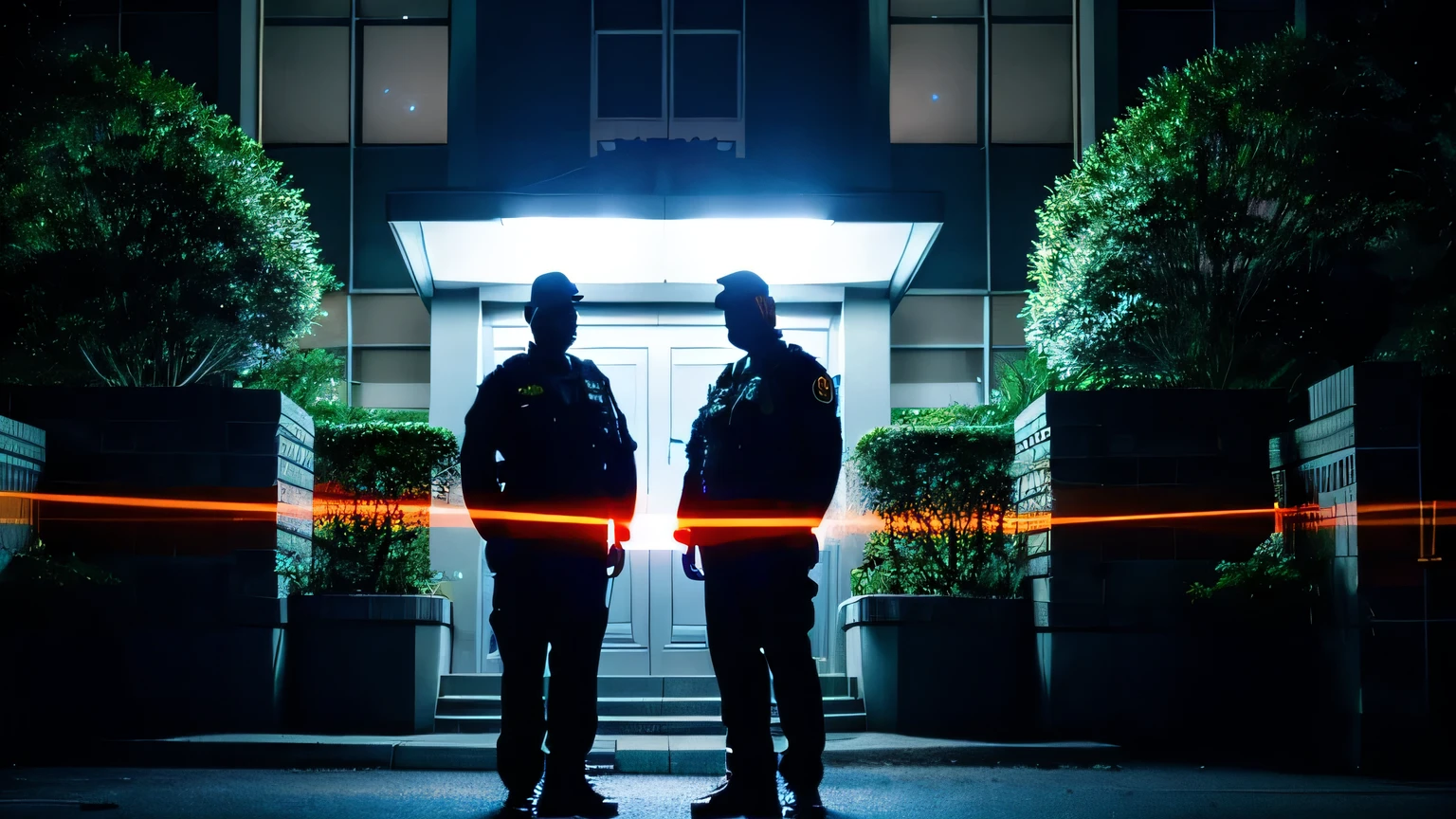The time is midnight12all the time、Dark, steaming abandoned hospital、Two police officers stand in front of the hospital with flashlights on.。