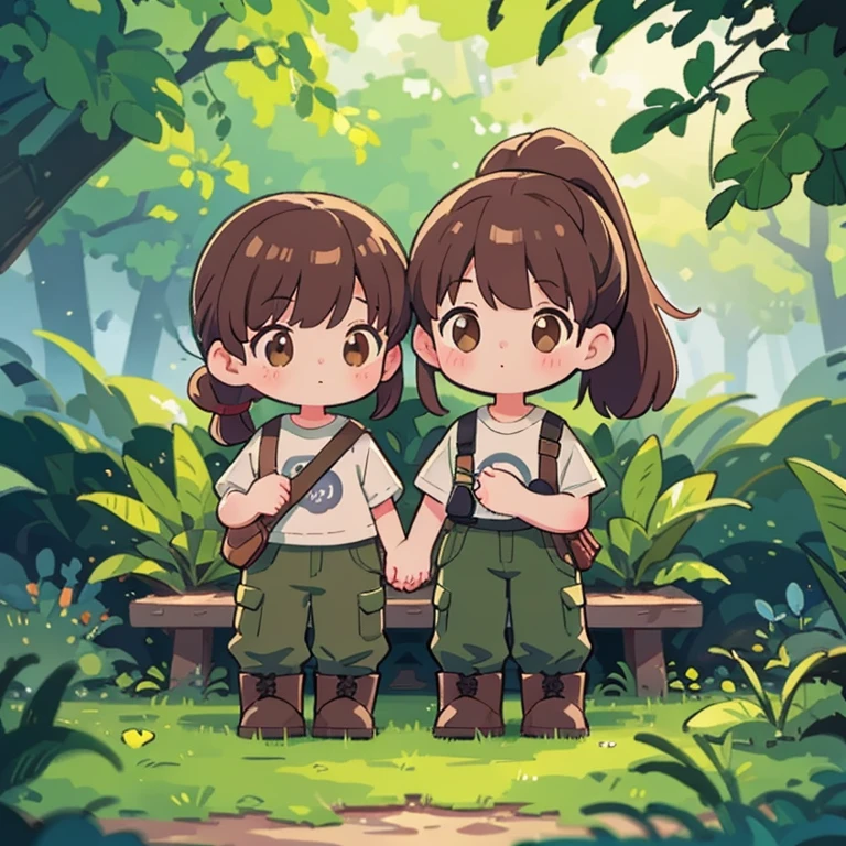 (top quality、4K、8K、a high resolution、masterpiece: 1.2)、Super detailed、(real、photorealistic: 1.37)、anime style、bright lighting、wide々and gardens、2 characters: boy and girl, Brother and sister, Perfect Likeness (twins), Brown eyes, dark brown semi-long hair tied in a ponytail、rosy cheeks、solid, round hips、curvy hips、thin lips、swamp T-shirt, military style trousers with patch pockets, massive high infantry boots , hold hands, Seat style。