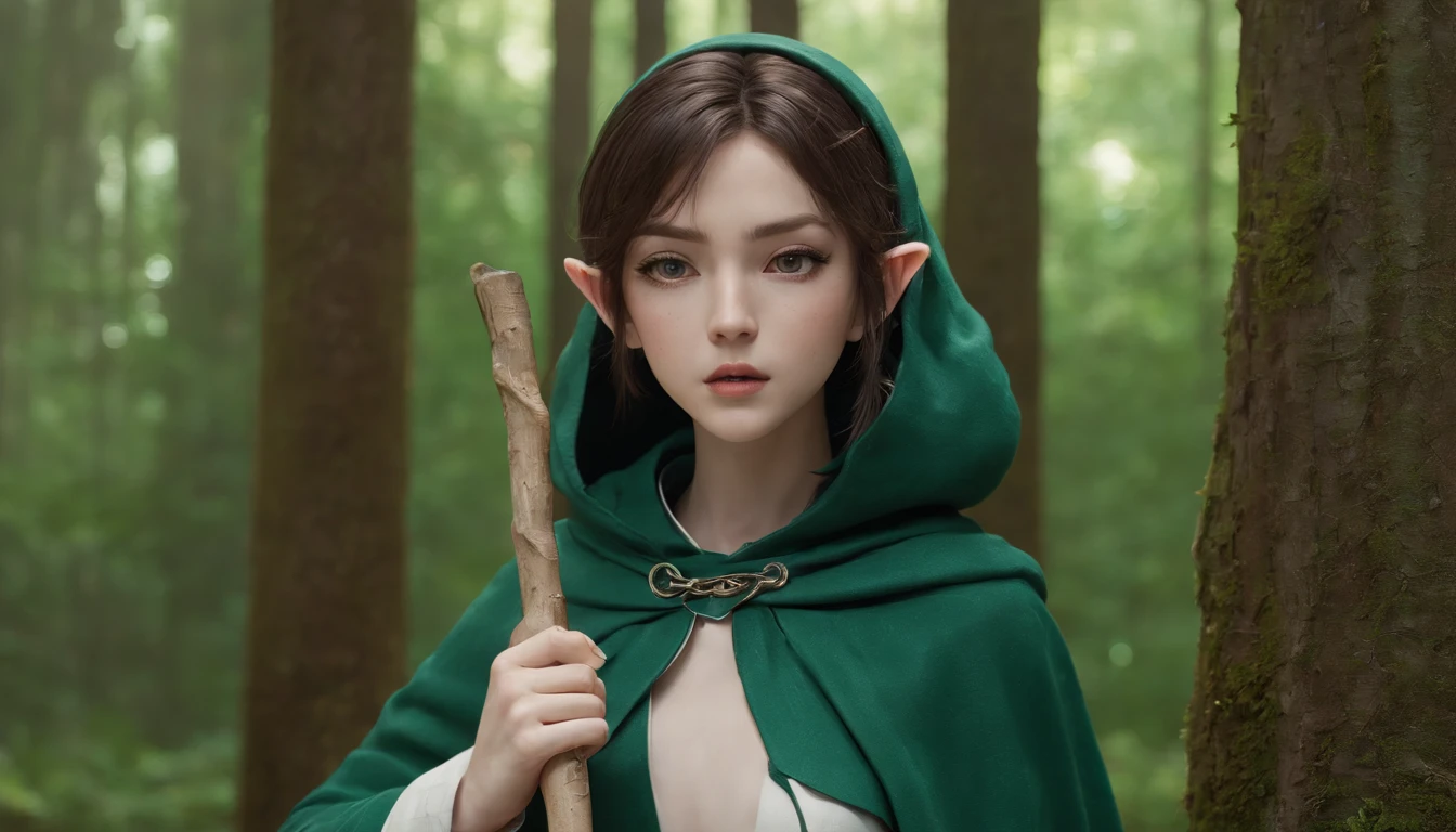 Ryu, Elbow hand pockets, Green Cape, Hooded cloak, Forest Background, Bokeh, Medium Shot, Very detailed, beautiful, masterpiece, Perfect Anatomy, [[Award-winning photography, Macro Photography Vivid Colors]], Atmospheric, Majestic, High resolution, That&#39;s excellent, Very detailed, complicated, Realistic lighting, 4K, (alone:1.2), (cute:1.1), (Anime screenshots), 　in the forest, morning, Carrying a walking stick, elf with pointed ears, A woman with a calm face