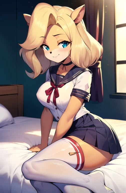 best quality, masterpiece, solo, 1girl, originaltawna,((( A short-sleeved shiny dark sailor suit, White sailor collar, Navy blue pleated skirt, Red ribbon, White Stockings))), medium to large sized breast, laying, bedroom, morning, smile,