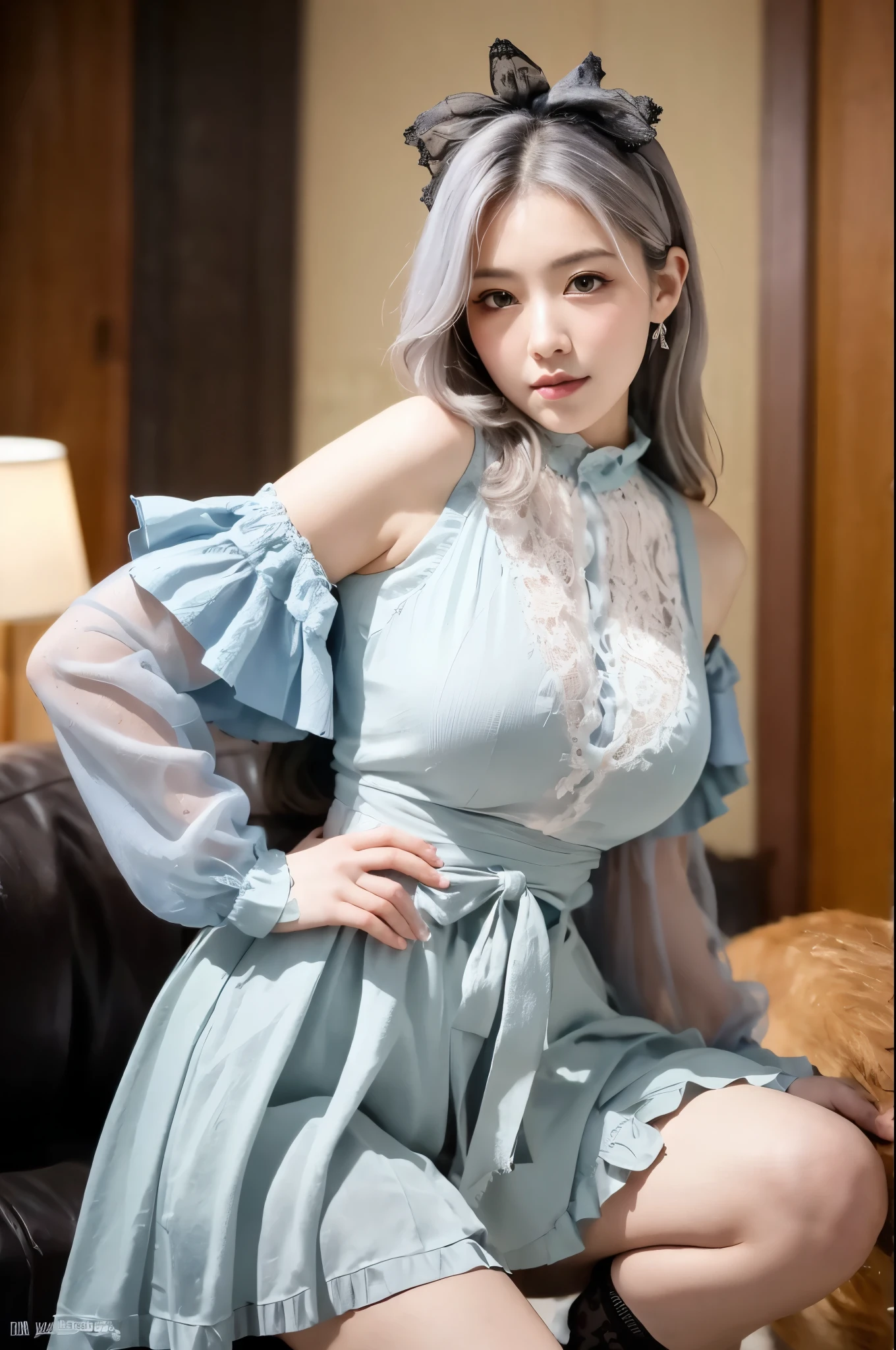 (((masterpiece))), (((highest quality: 1.4))), ((Super detailed: 1.4)) , ulzzang-6500-v1.1, (RAW Photos:1.2), (Realistic), (See through:1.3), (masterpiece), (Genuine:1.4), Very detailed, Sharp focus, Tensura、Luminous Valentine、One beautiful woman, ((Beautiful and shiny silver hair))、Fine grain、Detailed face、赤i、Gothic Lolita Maid Clothing、Knee-high stockings、