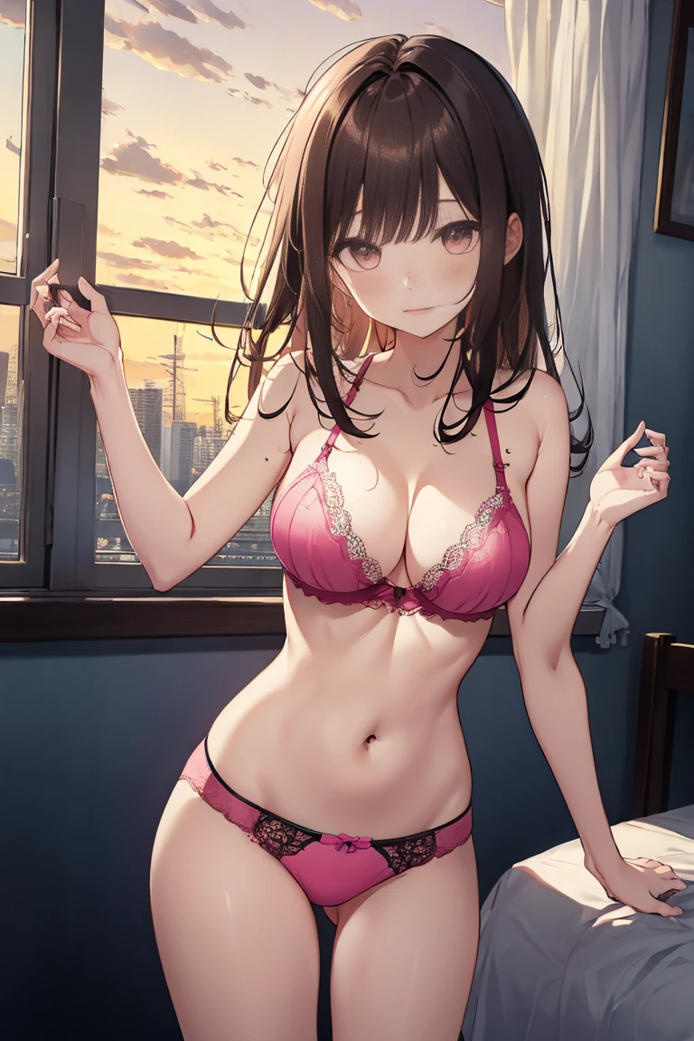 masterpiece、highest quality、Ultra-high resolution、8k、wallpaper、Perfect Anatomy、Perfect body、Change of clothes、Bedroom、evening、Cute Face、Drooping eyes、Short brown hair、Messy Hair、sleepy、Sunset from the window、、Revealing clothing、 10th Generation、clavicle、belly button、Standing、Open your eyes、Holding clothes、Normal milk、Cowboy Shot、Portrait、Pink Bra、(Pink Panties:1.3)、Picot lace