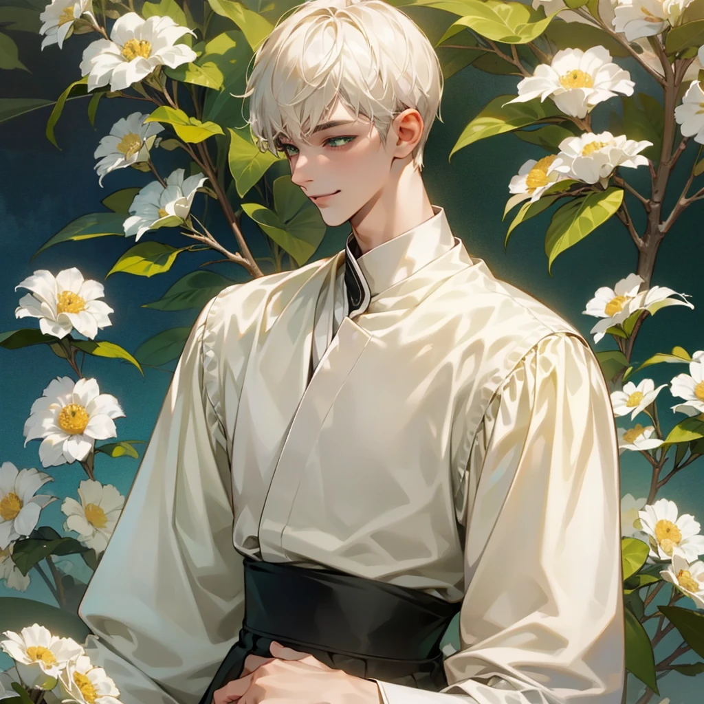 high quality, detailed,
young man , 4K UHD, super detail, best quality, detailed eyes, masterpiece, young ,21years old ,white short hair ,green beautifull eyes,sweet smile ,quiet expression,beautiful smile,casual outfit