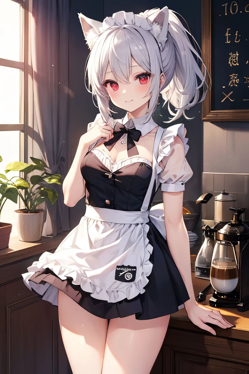 Silver Hair、Red Eye、Fox ears、girl、Small breasts、ponytail、girl、Small breasts、Lolita、Bright smile、Looks about 、Petan Musume、Short、目のhighlight、Sexy thighs、Wearing maid uniform、Have a coffee、Your eyes are so beautiful、highlight