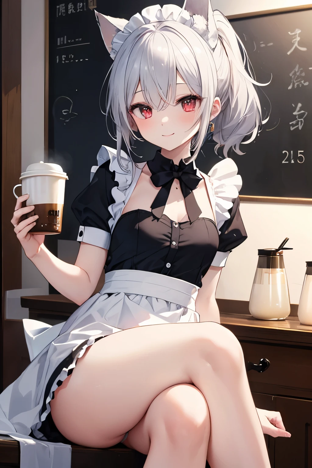 Silver Hair、Red Eye、Fox ears、girl、Small breasts、ponytail、girl、Small breasts、ta、Bright smile、Looks about 15 yan Musume、Short、目のhighlight、Sexy thighs、Wearing maid uniform、Have a coffee、Your eyes are so beautiful、highlight