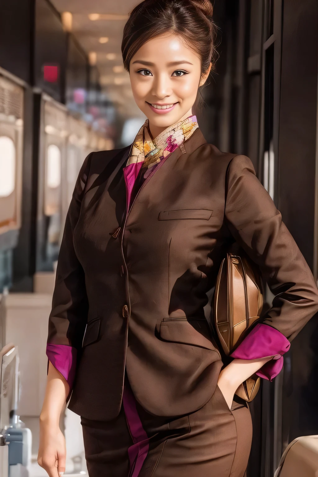 (masterpiece:1.2、highest quality:1.2)、32K HDR、High resolution、(alone、1 girl、Slim figure)、(A realistic reproduction of the ETIHAD Airways Cabincrew Uniform)、 (On board, Professional Lighting)、Background on board、A proper woman, Beautiful Face,、(Long sleeve ETIHAD Airways Cabincrew Uniform)、(ETIHAD Airways Cabincrew Uniform skirt with purple stripe on the front)、(scarf on chest)、Big Breasts、(Long Hair Up、Hair Bun)、Dark brown hair、Long Shot、((Great hands:2.0))、((Harmonious body proportions:1.5))、((Normal limbs:2.0))、((Normal finger:2.0))、((Delicate eyes:2.0))、((Normal eyes:2.0)))、Beautiful standing posture、smile、Place your hands around your stomach