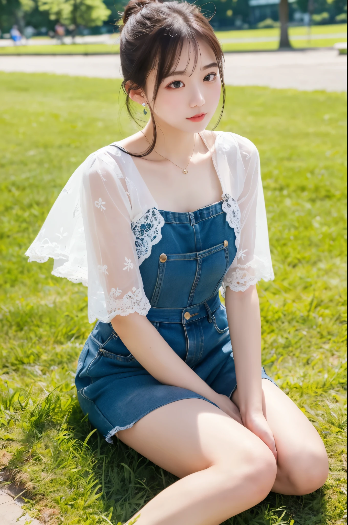 (((masterpiece))), (((highest quality: 1.4))), ((Super detailed: 1.4)) , ulzzang-6500-v1.1, (RAW Photos:1.2), (Realistic), (See through:1.3), (masterpiece), (Genuine:1.4), Very detailed, Sharp focus, Japanese girl sitting on the grass in the park, Sit knee-to-knee、Sit on one&#39;s buttocks、Holding my knees、A young and cute gravure idol, (Ultra-realistic pantyhose), Chiho, Beautiful face with arms and legs, realistic Young Gravure Idol, Yoshitomo Nara, Young Japanese girl, Young Gravure Idol, Young Sensual Gravure Idol, Young and skinny gravure idol, Cute young woman
