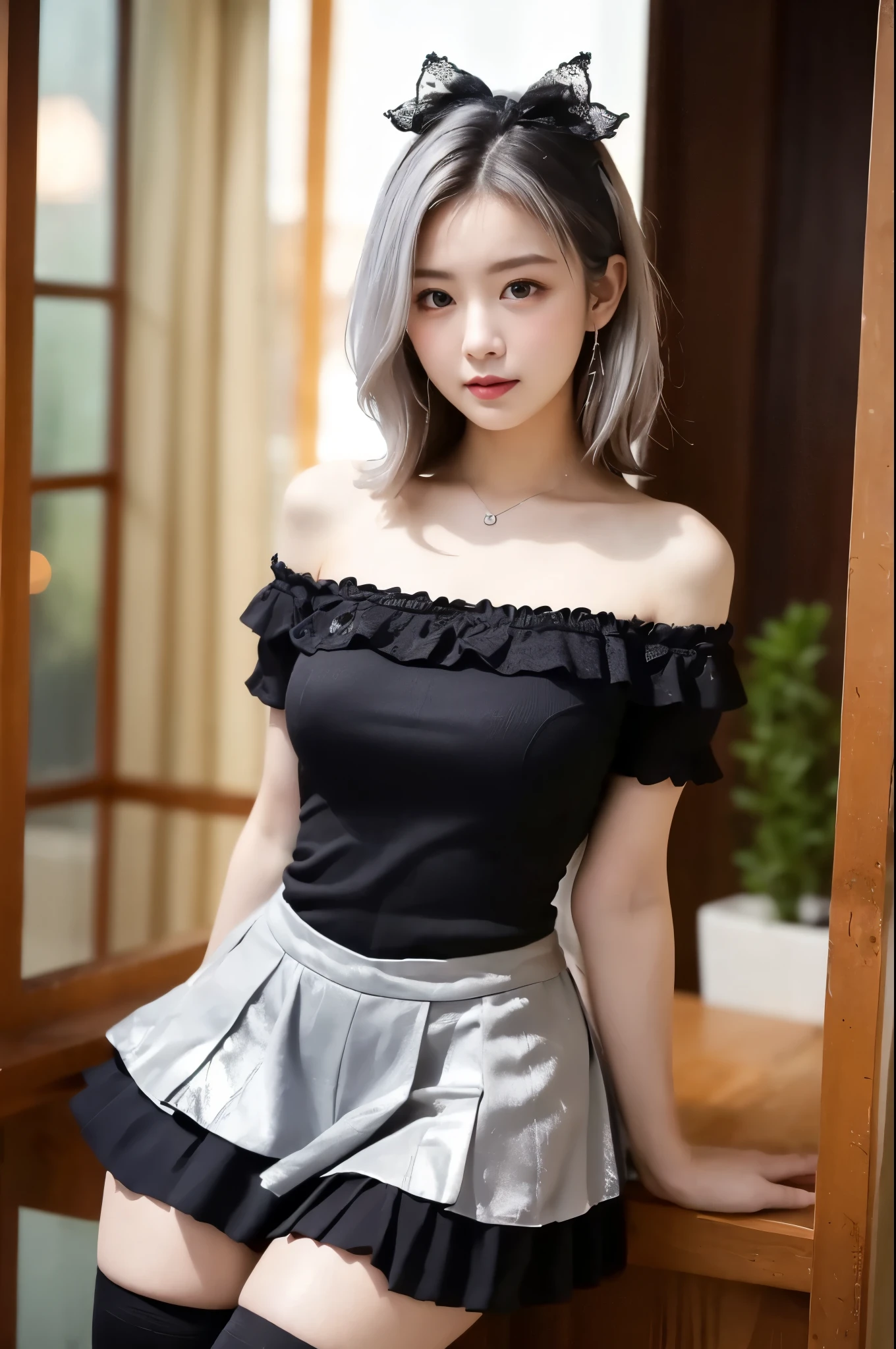 (((masterpiece))), (((highest quality: 1.4))), ((Super detailed: 1.4)) , ulzzang-6500-v1.1, (RAW Photos:1.2), (Realistic), (See through:1.3), (masterpiece), (Genuine:1.4), Very detailed, Sharp focus, Tensura、Luminous Valentine、One beautiful woman, ((Beautiful and shiny silver hair))、Fine grain、Detailed face、赤i、Gothic Lolita Maid Clothing、Off the shoulder、Shoulders out、Knee-high stockings、