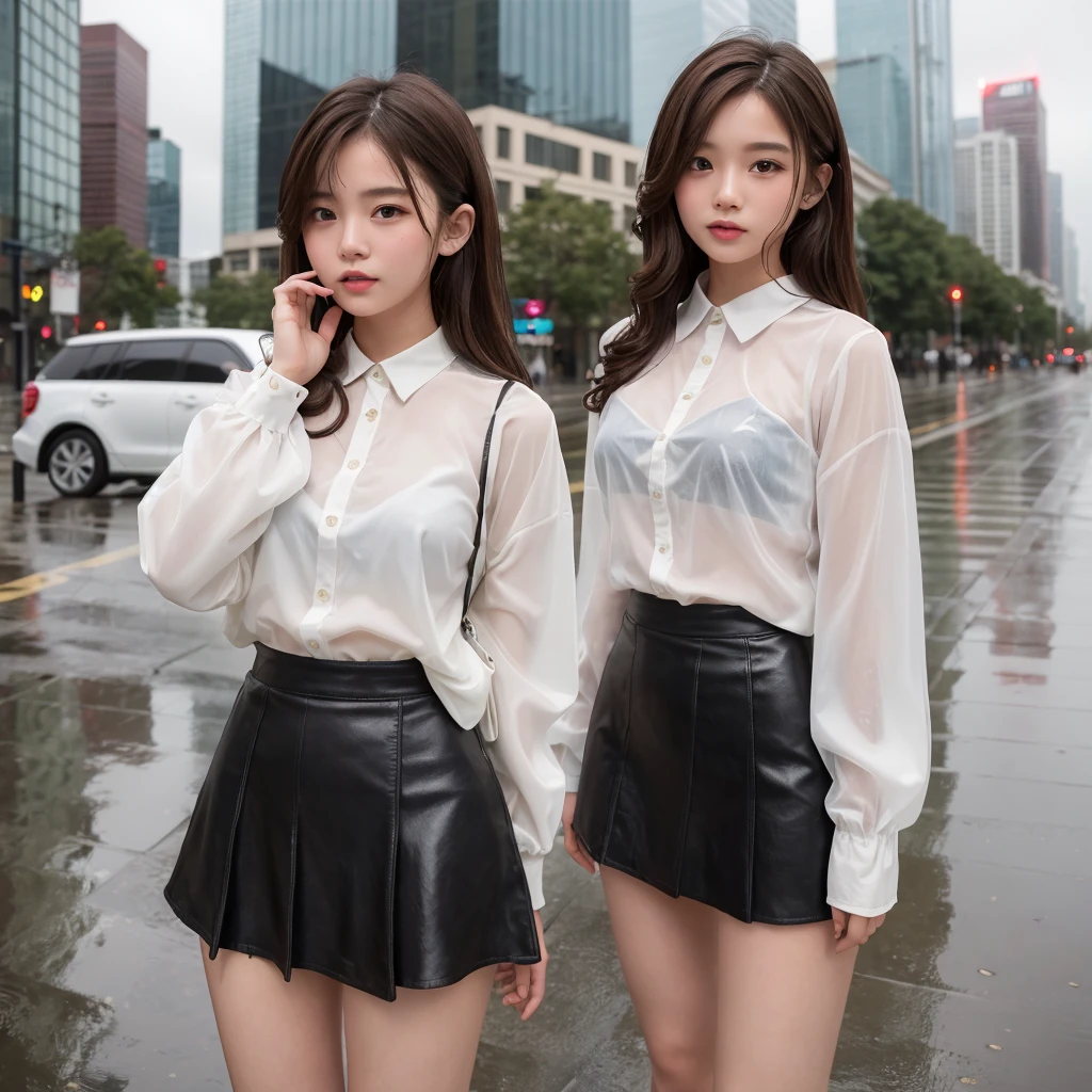 woman、(((one person)))、cute、、Brown Hair、Medium curl、Wet Hair、Touching your hair、rain、D cup bust、、Flared mini skirt、Wet clothes、Transparent skin、Cloudy、rain雲、Street Corner、Building district、skyscraper、cowboy shot、highest quality、Super detailed、Very detailed、Detailed Background