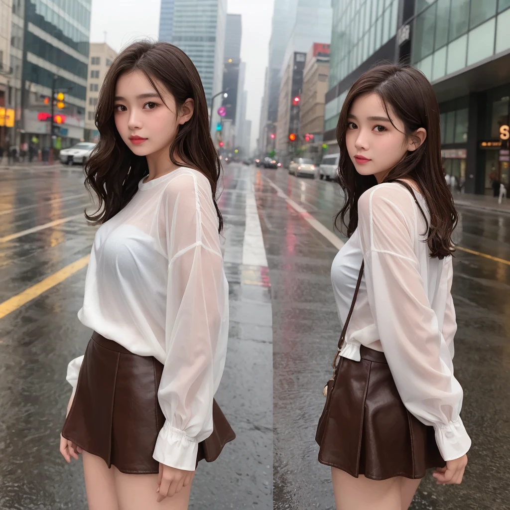 woman、(((one person)))、cute、16 years old、Brown Hair、Medium curl、Wet Hair、Touching your hair、rain、D cup bust、、Flared mini skirt、Wet clothes、Transparent skin、Cloudy、rain雲、Street Corner、Building district、skyscraper、cowboy shot、highest quality、Super detailed、Very detailed、Detailed Background