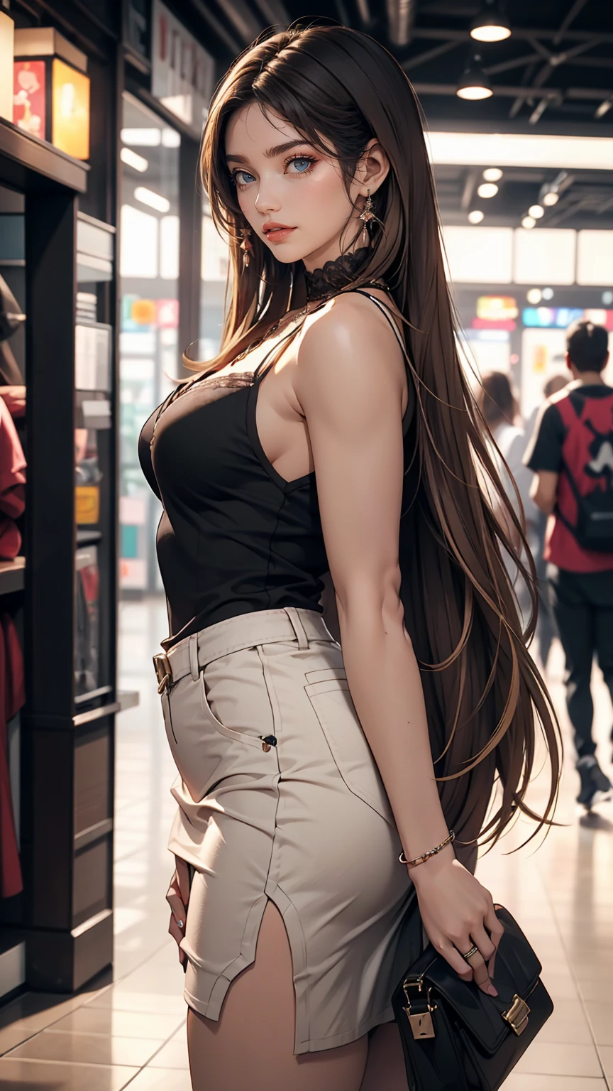 24-year-old woman、Cool beauty feel、Hair color is black、Eye color is hawk brown、long hair、Straight Hair、Slender but well-proportioned、smile、I'm wearing a necklace、Accessories on the wrist、smile、She is wearing a lace choker.、I'm in the photo studio、Wearing a camisole dress
