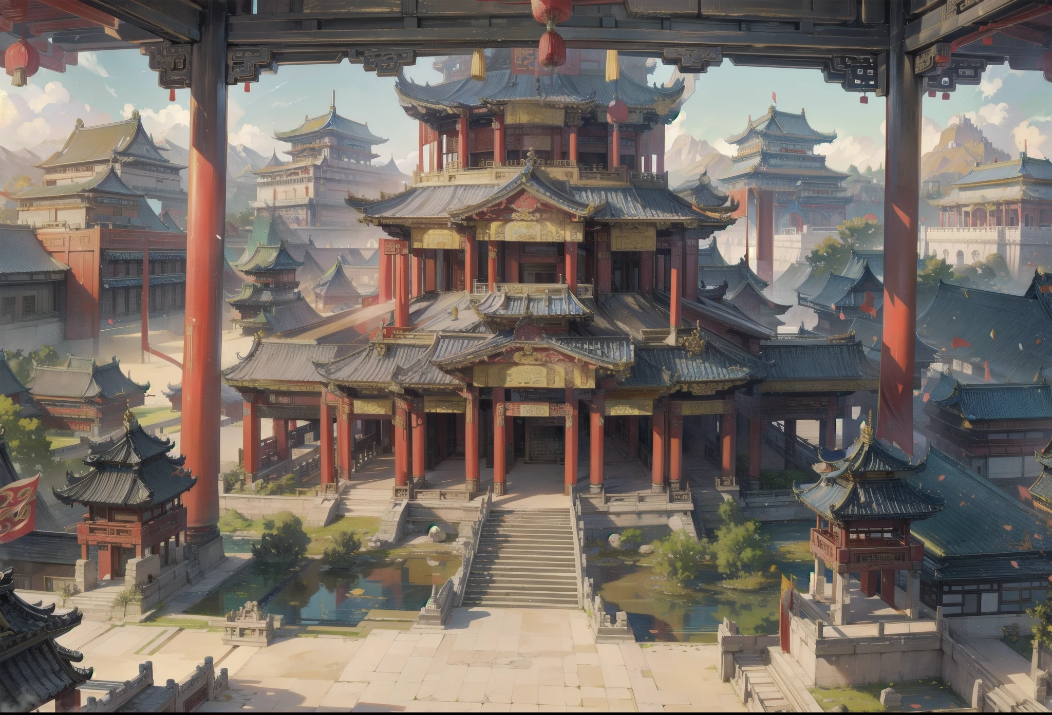 ancient chinese palace, chinese palace, detailed, scene, scenery, ancient china, beautiful scene, luxury, beautiful palace, chinese palace, huge palace, near the palace, daytime, blue sky, outside view of the palace, beautiful palace,