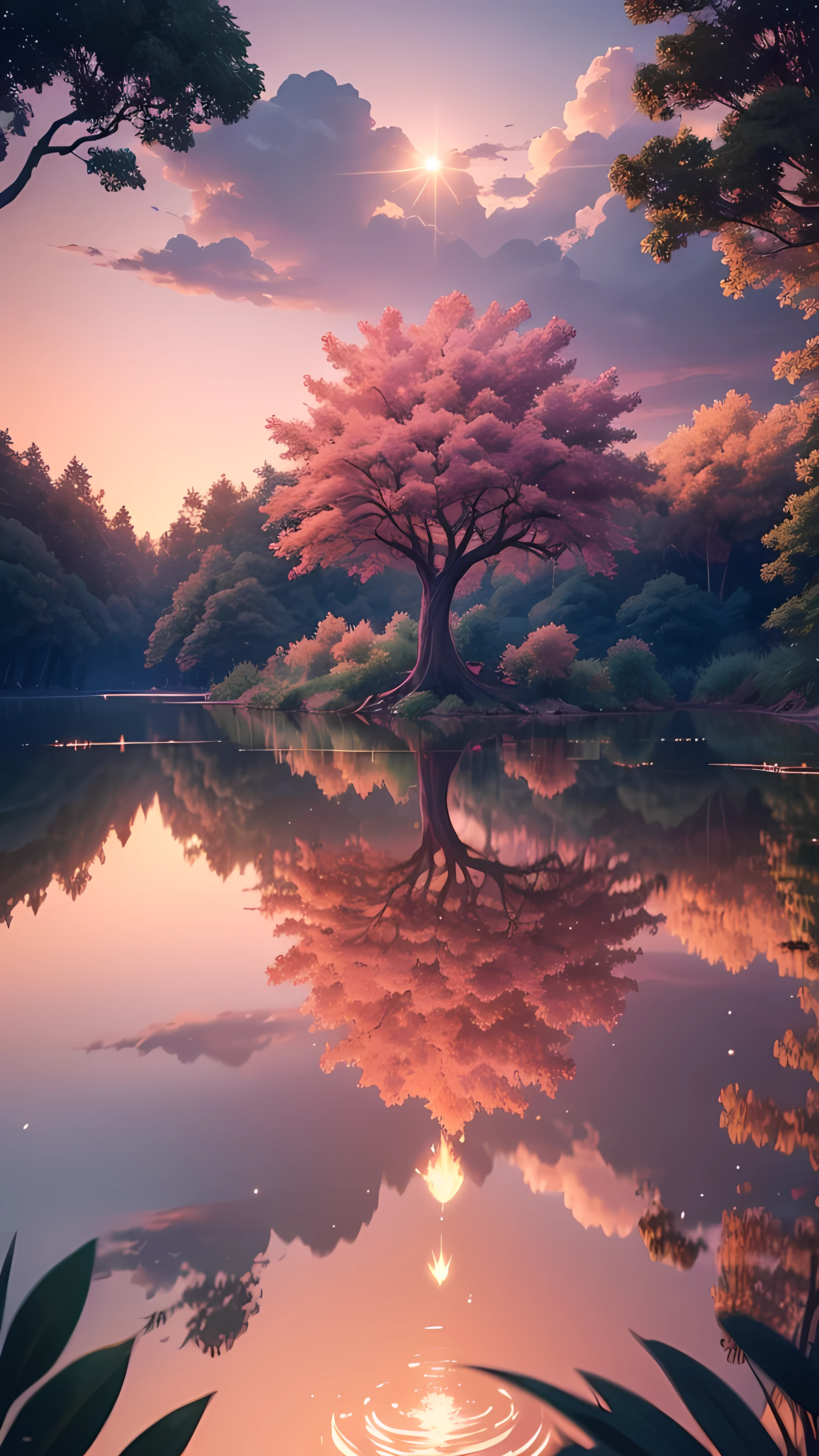A masterpiece, the best quality, stunning reflections, the best reflections ever. (very detailed CG unity 8k wallpapers), (best quality), (best illustrations), (best shadows),
forest theme with natural elements. sun is setting over a tranquil lake, quiet streams, glowing red hues across the sky, The clouds are illuminated in shades of pink and purple, with fireflies and glowing particle effects, A single tree stands tall on the horizon, (natural elements), (jungle theme), (leaves), (twigs), (fireflies), butterflies, (delicate leaves), (glow), (particle effects), Isometric 3D, Octane Rendering, Ray Traced, Super Detailed,super detailed water,tree in middle of water