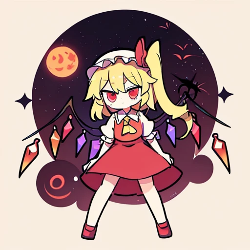 Flandre Scarlet　Red Moon　night　Blonde　White shirt　Short sleeve　Tightening his sleeves　Red vest　Red Skirt　