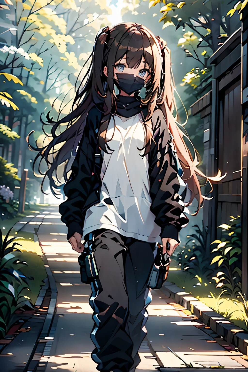 20y old walking throught the forest, sunshine, mountens

long brown hair, twin tails, blue eyes, black mask, exided

white t-shirt with flowers, black sweatpants with blue lines, on right hand has watch