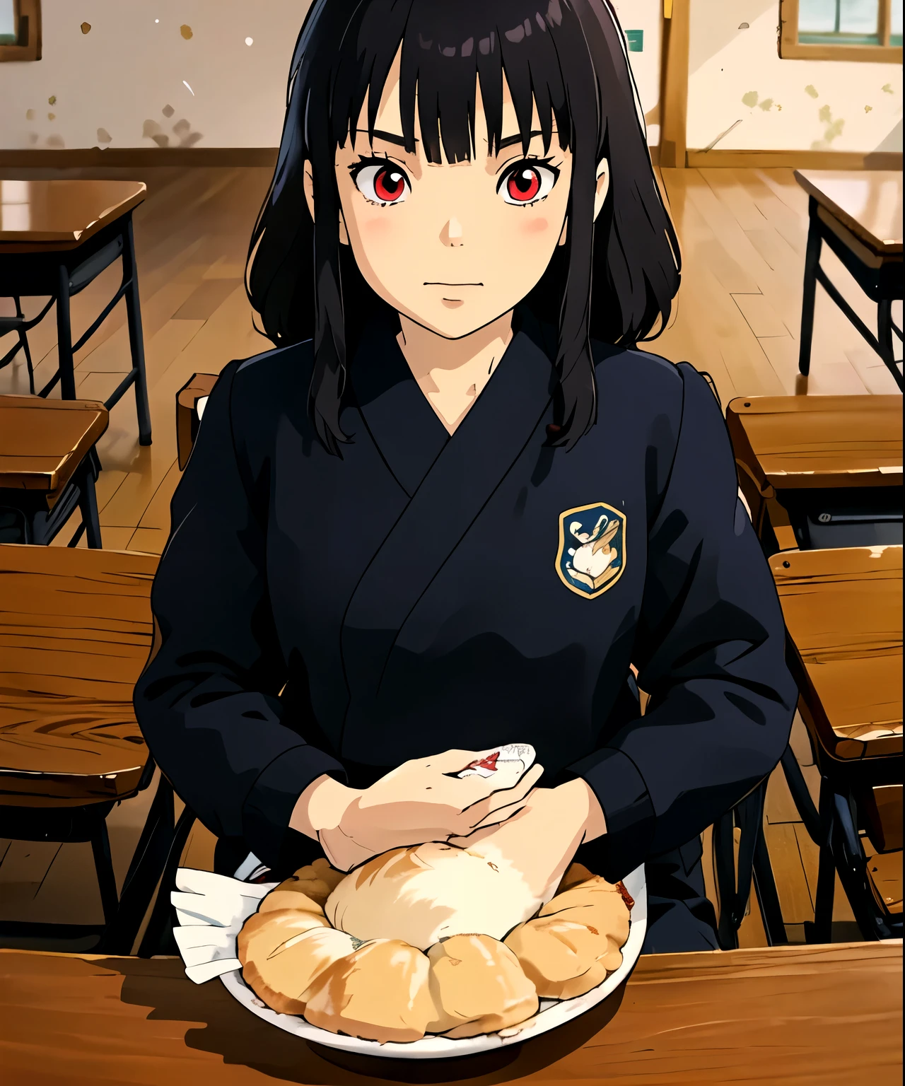 (junkotvv), (cabello largo color negro con orejas de gato y (ojos rojos)), de pie, mirando al espectador, in a class room,((aula escolar estilo oriental)),(Uniforme de secundaria japones), uniforme de marinerito, (ghibli style)
