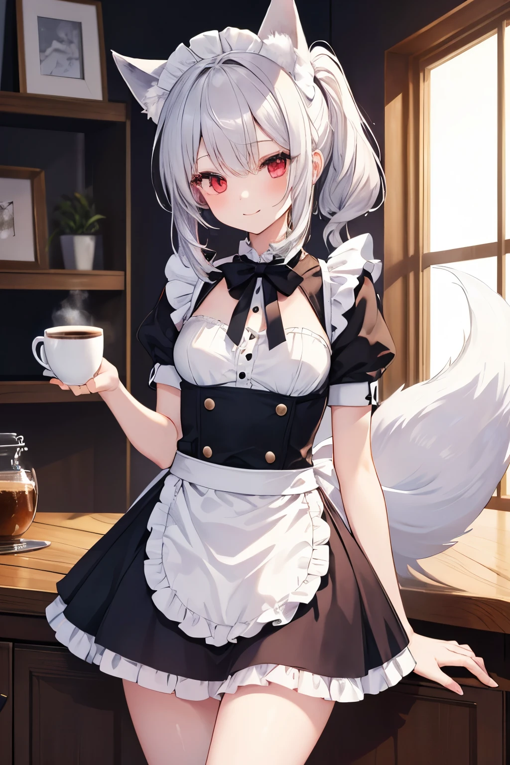Silver Hair、Red Eye、Fox ears、girl、Small breasts、ponytail、girl、Small breasts、Lolita、Bright smile、Looks about 15 years old、Petan Musume、Short、目のhighlight、Sexy thighs、Wearing maid uniform、Have a coffee、Your eyes are so beautiful、highlight