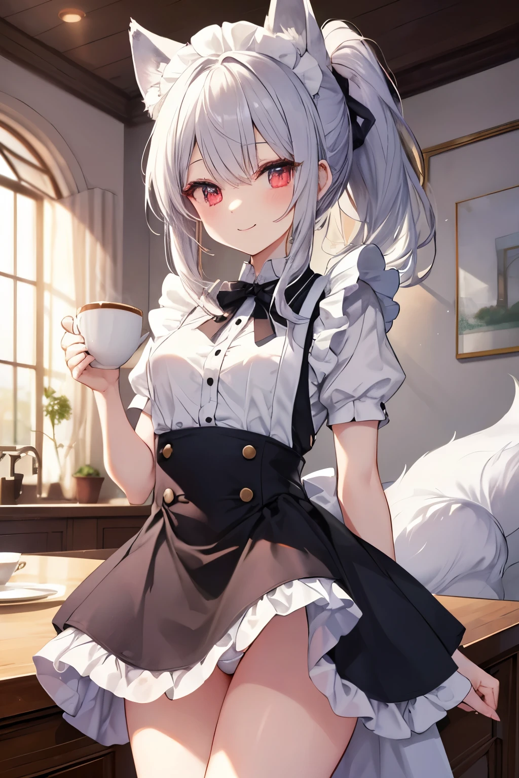 Silver Hair、Red Eye、Fox ears、girl、Small breasts、ponytail、girl、Small breasts、ta、Bright smile、Looks about 15 yan Musume、Short、目のhighlight、Sexy thighs、Wearing maid uniform、Have a coffee、Your eyes are so beautiful、highlight
