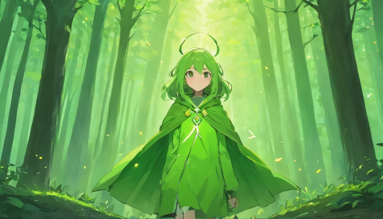 Ryu, Elbow hand pockets, Green Cape, Hooded cloak, Forest Background, Bokeh, Medium Shot, Very detailed, beautiful, masterpiece, Perfect Anatomy, [[Award-winning photography, Macro Photography Vivid Colors]], Atmospheric, Majestic, High resolution, That&#39;s excellent, Very detailed, complicated, Realistic lighting, 4K, (alone:1.2), (cute:1.1), (Anime screenshots), 　in the forest, morning, Carrying a walking stick, elf with pointed ears, A woman with a calm face
