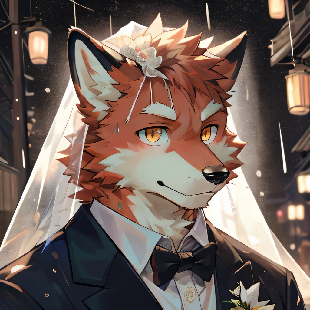 masterpiece,high quality,perfect anatomy,furry,anthro fox,white and red fur,male, niji5,brown pupils,bright eyes,in the rain,wearing wedding dresses,wet,detailed face,by kiyosan,close up face