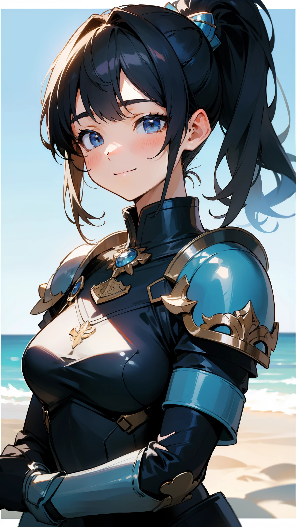 (masterpiece, highest quality)、Intricate details、8k、Sharp focus、(Bokeh) (highest quality) (Detailed skin:1.3) (Intricate details) (8k) (Fine grain) (anime)、18-year-old girl, Black Hair, Side Ponytail, smile, Lightweight blue bikini armor, Blue gloves, Relaxed pose, Blue sky background、In front of a block wall、Upper body close-up、Background Blur、Depth of the drawn border、柔らかいsmile、smile