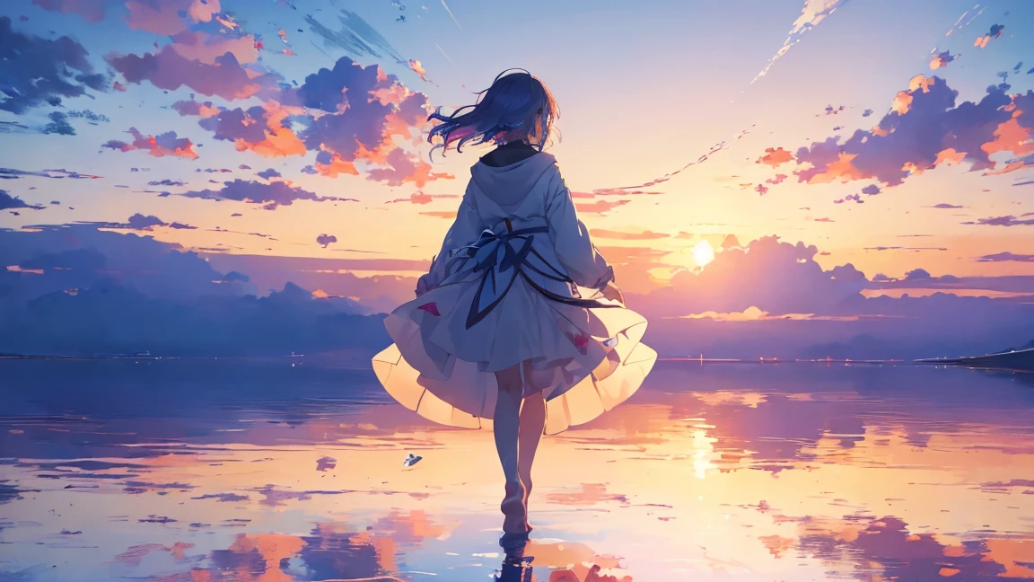 ((Uyuni Salt Flat、四方八方に広がる青い空とsummerの雲を反映しています. A girl walks in the middle of it, Surrounded by the blue of the sky and the white of the clouds, Create stunningly beautiful scenes.)), he (sunset:1.3),((Anime girl walking on water)), (((It's so big you can see the view)),(Perfect Anatomy:1.2),((Perfect hands:1.2)), (highest quality:1.1), ((One girl)), From above、Dutch Angle、Very wide shot、(((toru asakura:1.37, alone))), (((barefoot))), ))), (((Snow-white summer dresses))), (((Shortcuts))), (((Blue Hair、Earrings、Gradient Hair、Multi-colored hair、Parted bangs、Purple Hair、A white summer dress with lots of embroidered lace, No sleeve))), (Beautiful Face, Cute Face, Detailed face), (((Beautiful green eyes in detail))),nfsw,((masterpiece)), highest quality, Anime Art Wallpaper 8K, ripple, Dawn Background, ((Awareness-raising, Concept Art, And soul, Key Visual)),Sparkling Eyes, Happy, Reaching out ,forward hand,Floating Hair, Shiny Hair,Outdoor, Wind,Sparkling Eyes, Sexy Body, nfsw,((masterpiece)), highest quality, Anime Art Wallpaper 8K,summer、新海誠のConcept Art、tumbler、magical realism、Beautiful Animeシーン、Beautiful sky。by shinkai makoto、((by shinkai makoto))、Anime Background Art、Anime Background、Makoto Shinkai's Style、Anime movie background、Galaxy Express、(((Vast views))),Highly detailed CG synthesis 8k wallpaper, very fine 8kCG wallpaper, Anime Moe Art Style, Cute girl anime visuals, アニメWindのポートレート, アニメWindに, Beautiful Anime, 8k Anime Art Style, アニメWind、8k animation with detailed drawings, (masterpiece, highest quality), High resolution, Super detailed, Ultra Sharp, Cinema Lighting, High resolution, 超High resolution, 8k、Glowing Eyes, Auspicious々lips, blue sky、Transparency、Spread your arms, Are standing , Raise one leg, Back view, View Viewer