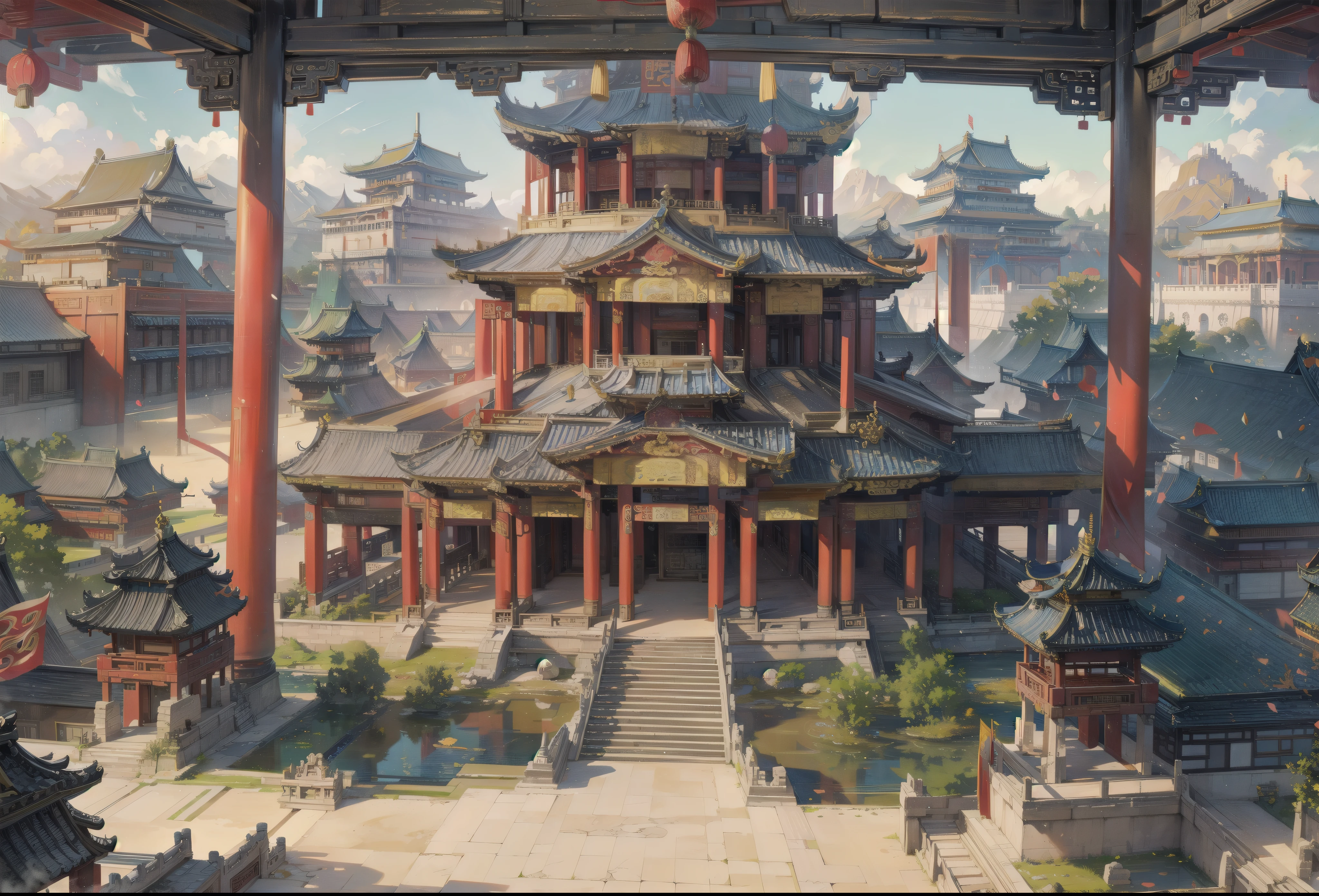 ancient chinese palace, chinese palace, detailed, scene, scenery, ancient china, beautiful scene, luxury, beautiful palace, chinese palace, huge palace, near the palace, daytime, blue sky, outside view of the palace, beautiful palace,
