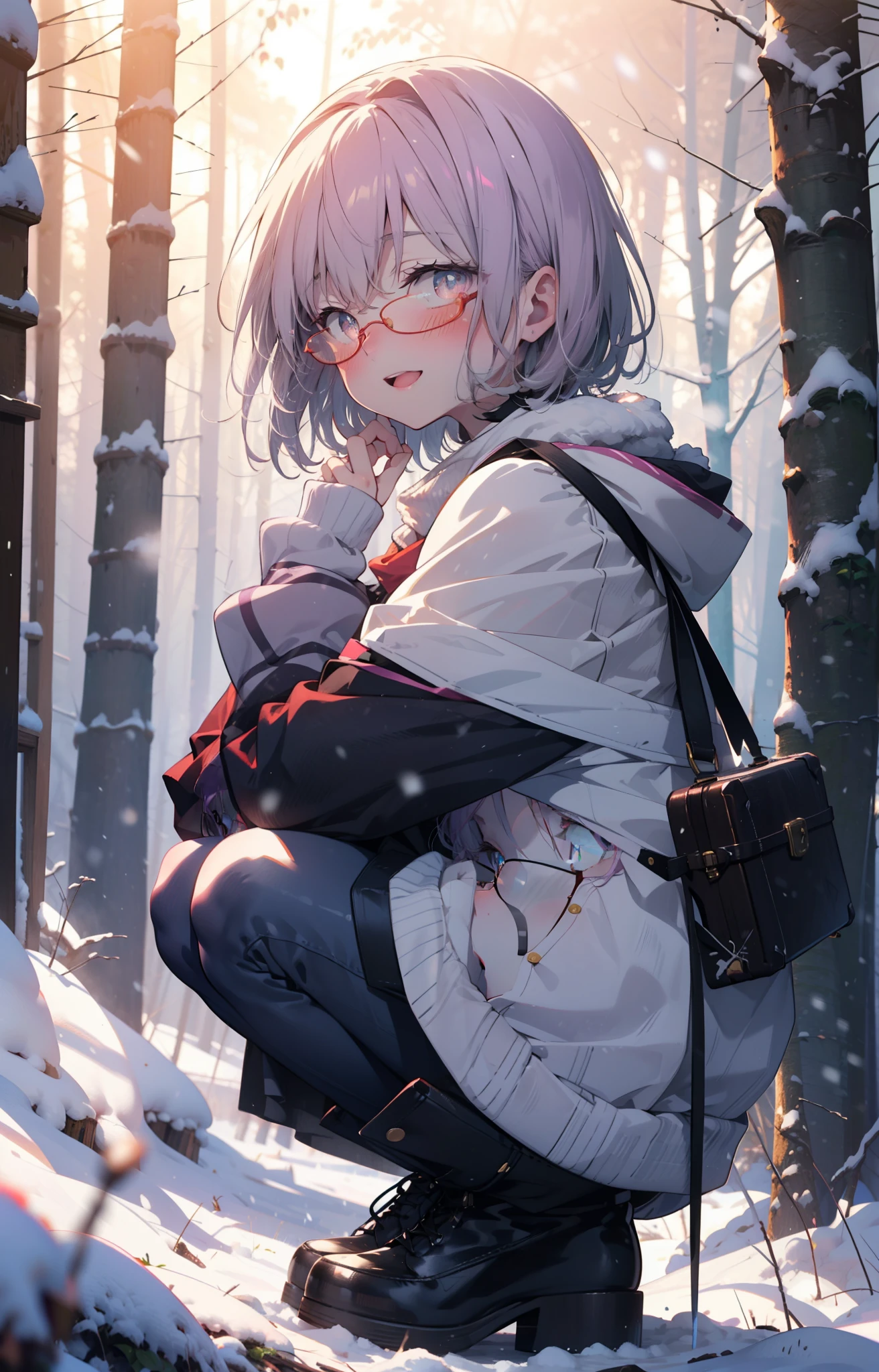 akaneshinjou, shinjou akane, Light purple hair, (Pink Eyes:1.2), short hair,Akagi Glasses,hair band,smile,blush,White Breath,Big Breasts,
Open your mouth,snow,Ground bonfire, Outdoor, boots, snowing, From the side, wood, suitcase, Cape, Blurred, , forest, White handbag, nature,  Squat, Mouth closed, Cape, winter, Written boundary depth, Black shoes, red Cape break looking at viewer, Upper Body, whole body, break Outdoor, forest, nature, break (masterpiece:1.2), highest quality, High resolution, unity 8k wallpaper, (shape:0.8), (Beautiful and beautiful eyes:1.6), Highly detailed face, Perfect lighting, Extremely detailed CG, (Perfect hands, Perfect Anatomy),