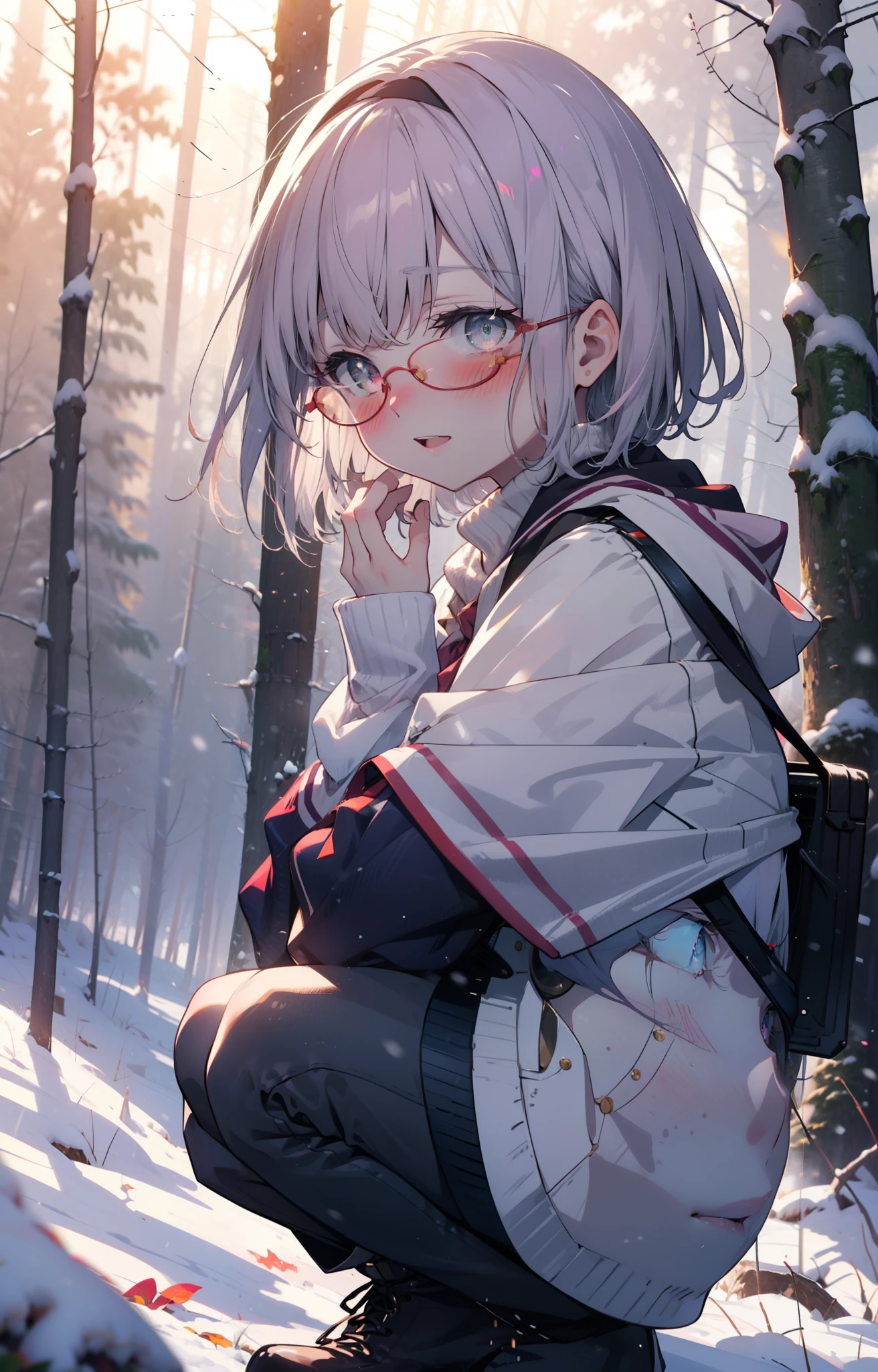 akaneshinjou, shinjou akane, Light purple hair, (Pink Eyes:1.2), short hair,Akagi Glasses,hair band,smile,blush,White Breath,Big Breasts,
Open your mouth,snow,Ground bonfire, Outdoor, boots, snowing, From the side, wood, suitcase, Cape, Blurred, , forest, White handbag, nature,  Squat, Mouth closed, Cape, winter, Written boundary depth, Black shoes, red Cape break looking at viewer, Upper Body, whole body, break Outdoor, forest, nature, break (masterpiece:1.2), highest quality, High resolution, unity 8k wallpaper, (shape:0.8), (Beautiful and beautiful eyes:1.6), Highly detailed face, Perfect lighting, Extremely detailed CG, (Perfect hands, Perfect Anatomy),