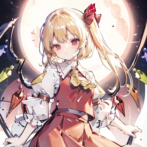 Flandre Scarlet　Red Moon　night　Blonde　White shirt　Short sleeve　Tightening his sleeves　Red vest　Red Skirt　Looking at me and laughing　