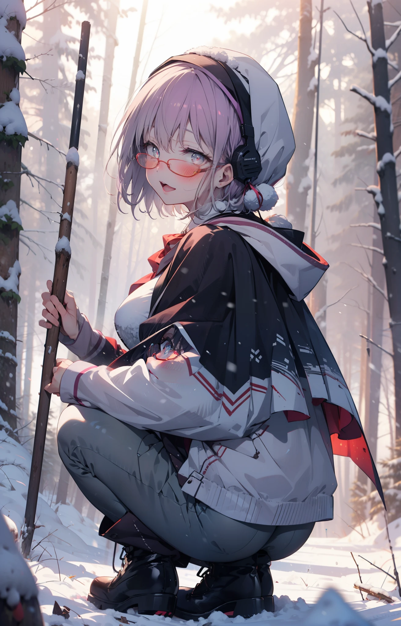 akaneshinjou, shinjou akane, Light purple hair, (Pink Eyes:1.2), short hair,Akagi Glasses,hair band,smile,blush,White Breath,Big Breasts,
Open your mouth,snow,Ground bonfire, Outdoor, boots, snowing, From the side, wood, suitcase, Cape, Blurred, , forest, White handbag, nature,  Squat, Mouth closed, Cape, winter, Written boundary depth, Black shoes, red Cape break looking at viewer, Upper Body, whole body, break Outdoor, forest, nature, break (masterpiece:1.2), highest quality, High resolution, unity 8k wallpaper, (shape:0.8), (Beautiful and beautiful eyes:1.6), Highly detailed face, Perfect lighting, Extremely detailed CG, (Perfect hands, Perfect Anatomy),