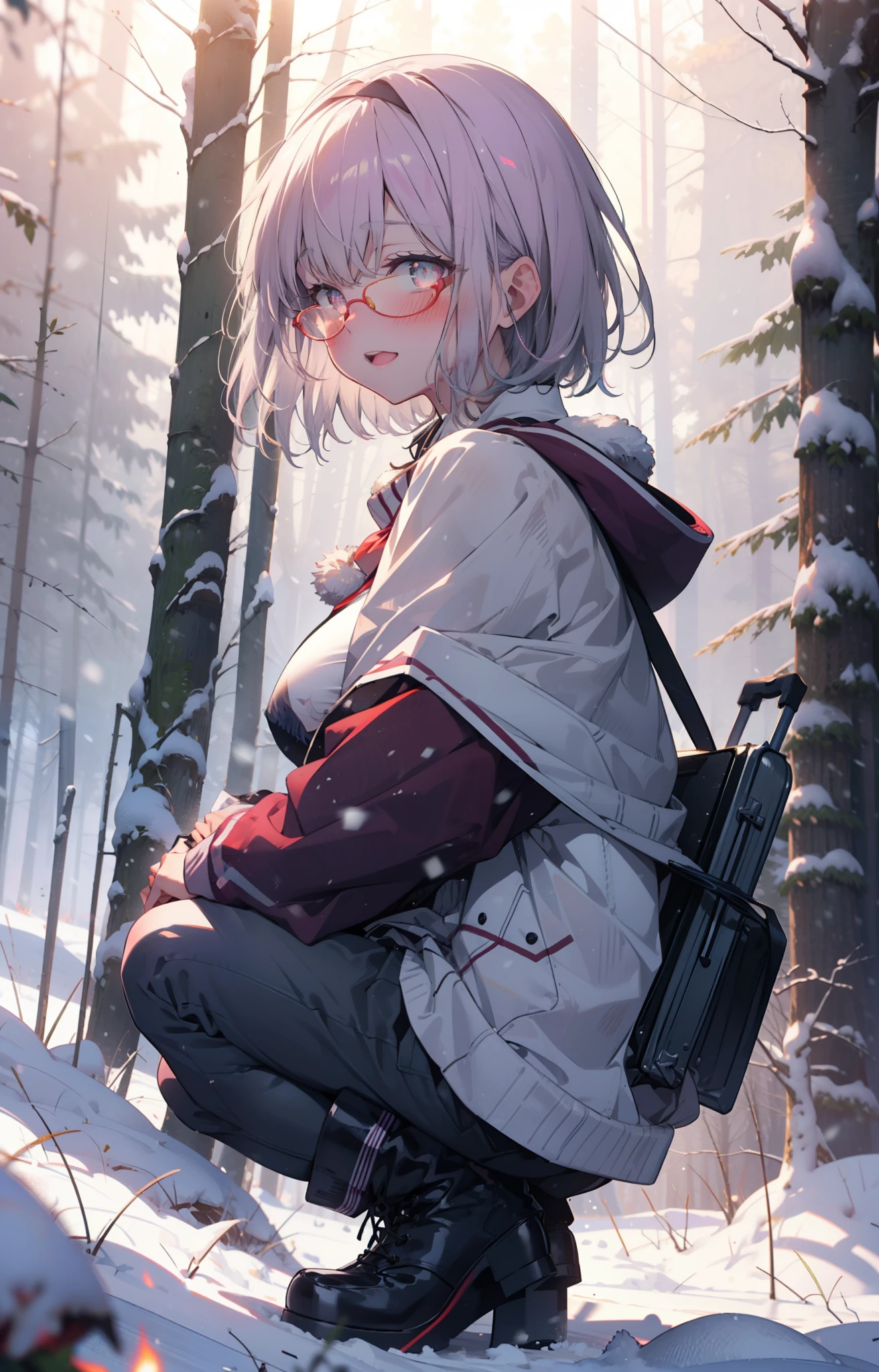 akaneshinjou, shinjou akane, Light purple hair, (Pink Eyes:1.2), short hair,Akagi Glasses,hair band,smile,blush,White Breath,Big Breasts,
Open your mouth,snow,Ground bonfire, Outdoor, boots, snowing, From the side, wood, suitcase, Cape, Blurred, , forest, White handbag, nature,  Squat, Mouth closed, Cape, winter, Written boundary depth, Black shoes, red Cape break looking at viewer, Upper Body, whole body, break Outdoor, forest, nature, break (masterpiece:1.2), highest quality, High resolution, unity 8k wallpaper, (shape:0.8), (Beautiful and beautiful eyes:1.6), Highly detailed face, Perfect lighting, Extremely detailed CG, (Perfect hands, Perfect Anatomy),