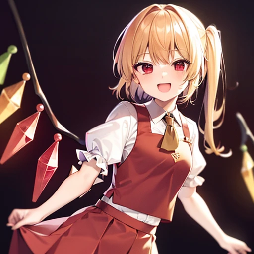 Flandre Scarlet　Red Moon　night　Blonde　White shirt　Short sleeve　Tightening his sleeves　Red vest　Red Skirt　Looking at me and laughing　