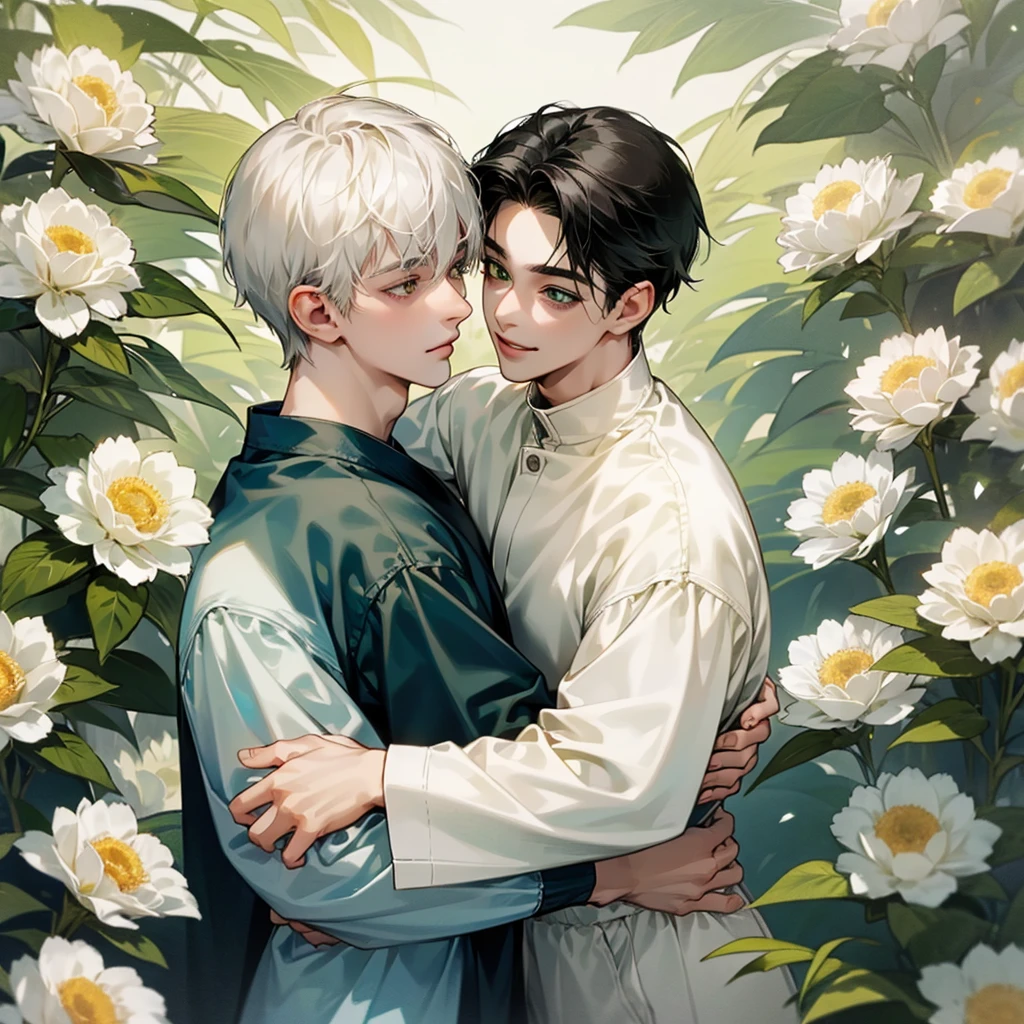 high quality, detailed,
young man , 4K UHD, super detail, best quality, detailed eyes, masterpiece, young ,21years old ,white short hair ,green beautifull eyes,sweet smile ,quiet expression,beautiful smile,casual outfit,hugs another black hair man
