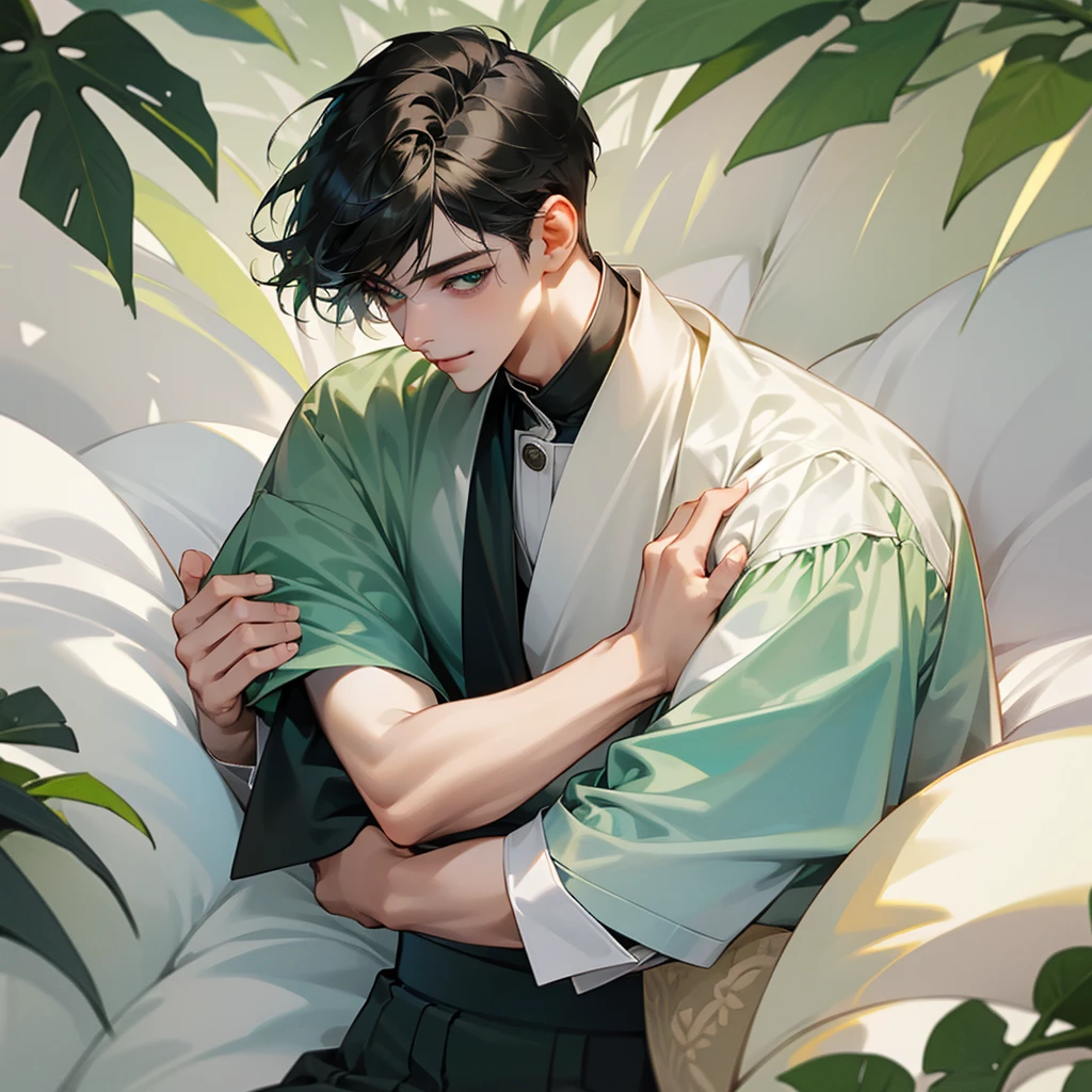 high quality, detailed,
young man , 4K UHD, super detail, best quality, detailed eyes, masterpiece, young ,21years old ,white short hair ,green beautifull eyes,sweet smile ,quiet expression,beautiful smile,casual outfit,hugs another black hair man