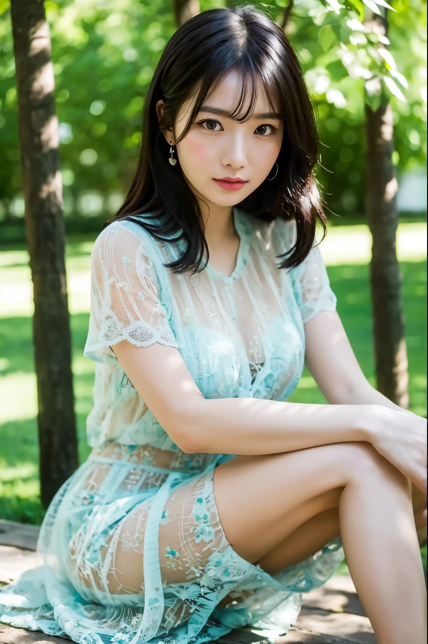 (((masterpiece))), (((highest quality: 1.4))), ((Super detailed: 1.4)) , ulzzang-6500-v1.1, (RAW Photos:1.2), (Realistic), (See through:1.3), (masterpiece), (Genuine:1.4), Very detailed, Sharp focus, Japanese girl sitting on the grass in the park, Sit knee-to-knee、Sit on one's buttocks、Holding my knees、A young and cute gravure idol, (Ultra-realistic pantyhose:1.3), Chiho, Beautiful face with arms and legs, realistic Young Gravure Idol, Yoshitomo Nara, Young Japanese girl, Young Gravure Idol, Young Sensual Gravure Idol, Young and skinny gravure idol, Cute young woman, (A very loving smile:1.2)、