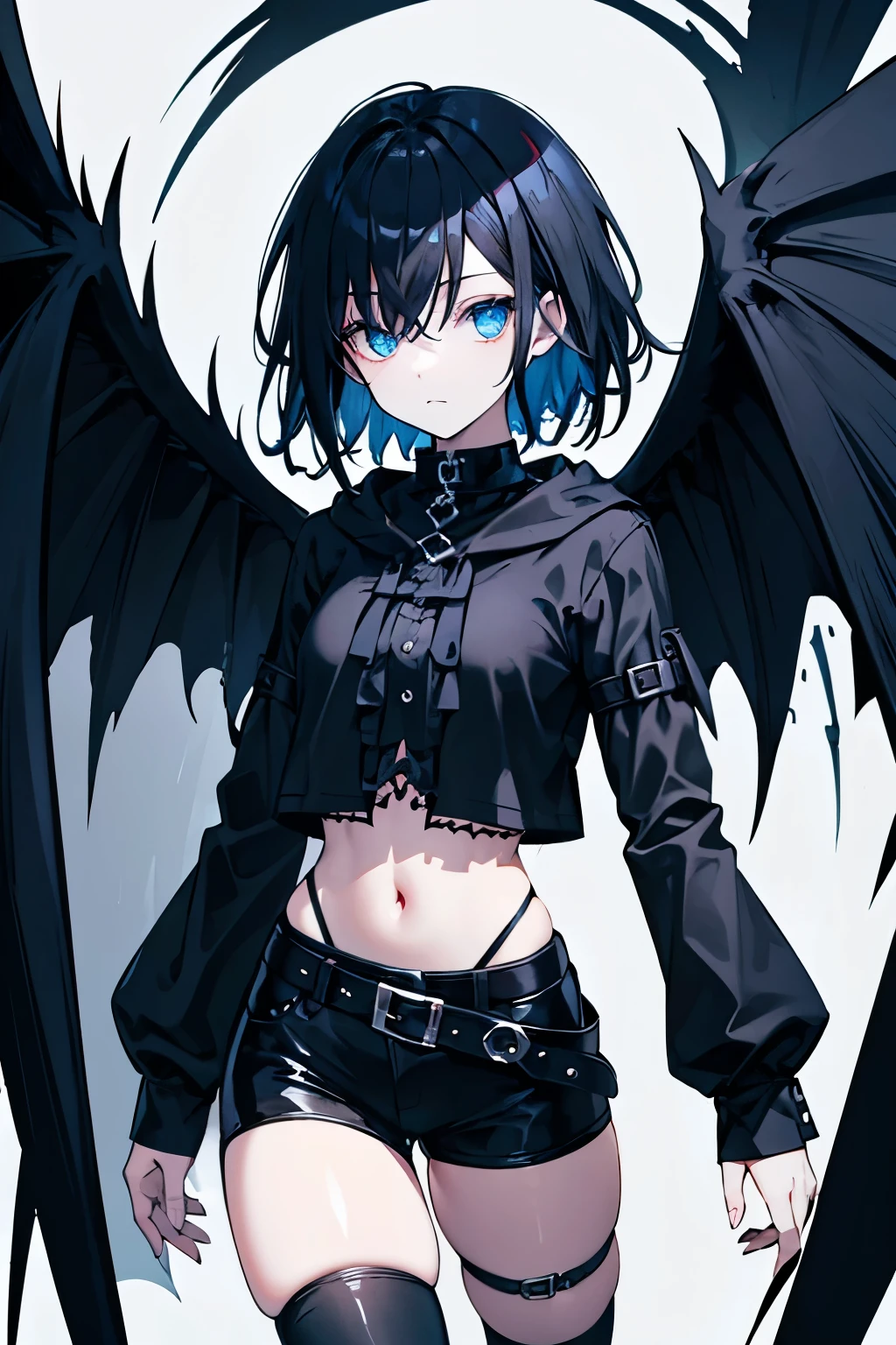 Gothic Baby Harpie Black Hair Blue Eyes The inside of the hair is blue. Bird legs Black hood Character portrait whole body
