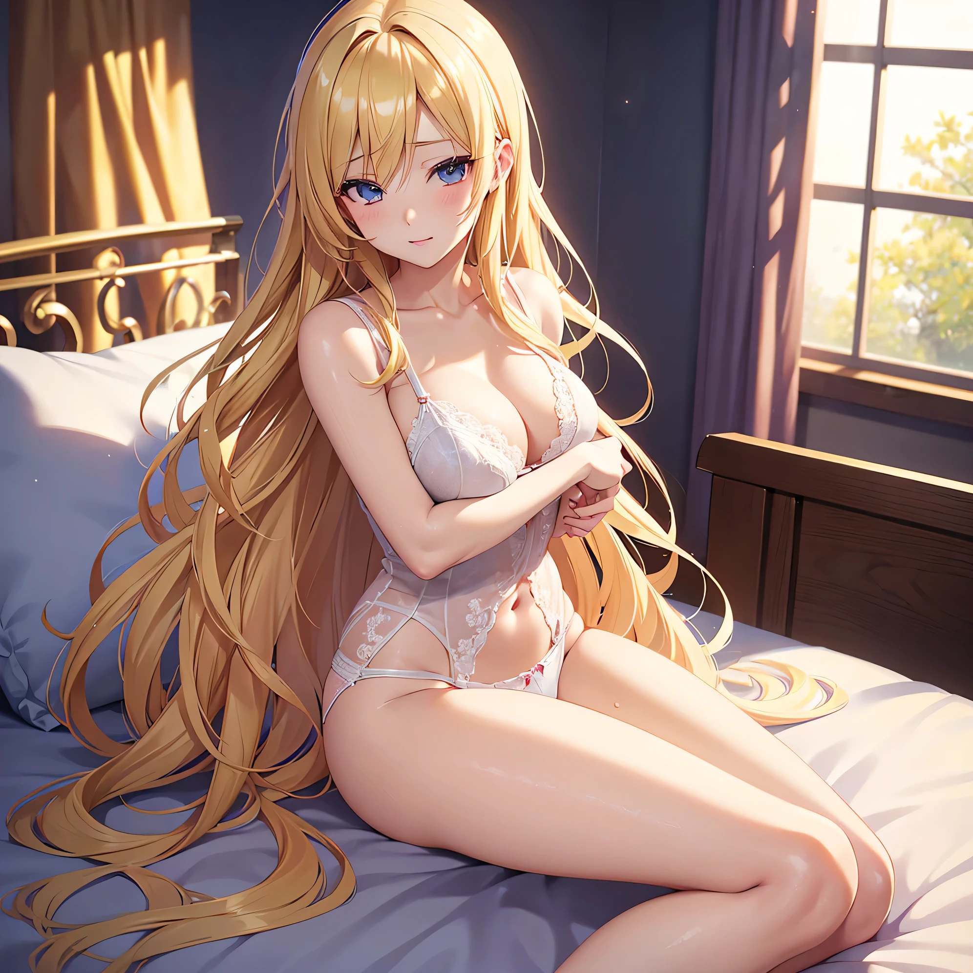 blond haired woman in lingerie sitting on bed with , seductive anime girl, smooth anime cg art, beautiful alluring anime woman, realistic shaded perfect body, beautiful alluring anime teen,nde anime girl with long hair, photorealistic anime girl render, beautiful anime girl, anime. soft lighting, anime goddess, , photorealistic anime, attractive anime girl