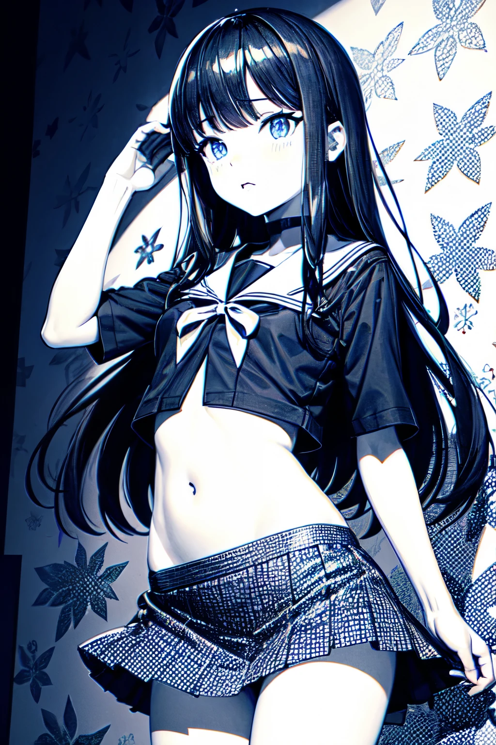 Long navy hair, Yandere,slim,Belly button peek,cool,Menhera,Blue Eyes,An illustration ,skirt,Monochrome,PAPERCUT, wallpaper