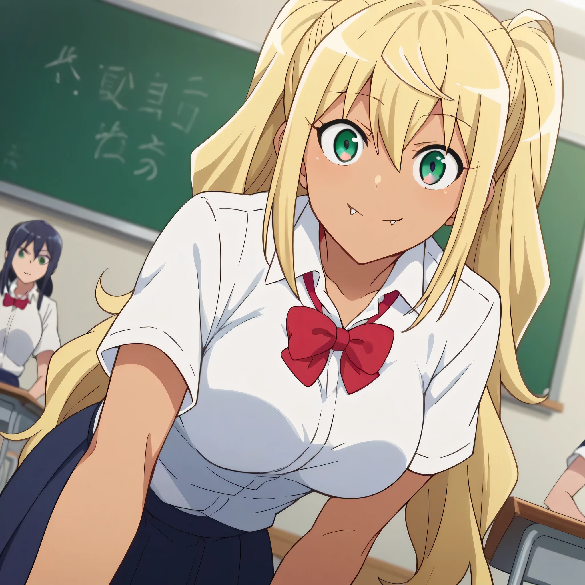 score_9, score_8_up, score_7_up, source_anime,
hibikisakura, hibiki sakura, long hair, blonde hair, hair between eyes, twintails, green eyes, fang, dark skin, dark-skinned female, gyaru, mature female,
skirt, shirt, bow, , white shirt, short sleeves, collared shirt, bowtie, red bow, red bowtie,
indoors, classroom, smile, bent over,
looking at viewer, dutch angle, cowboy shot