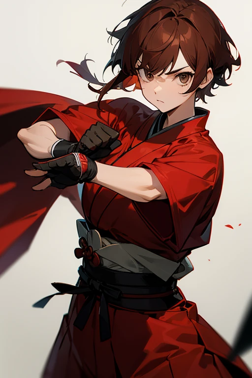 Red-brown hair, short hair, female boxer, gloves, samurai uniform